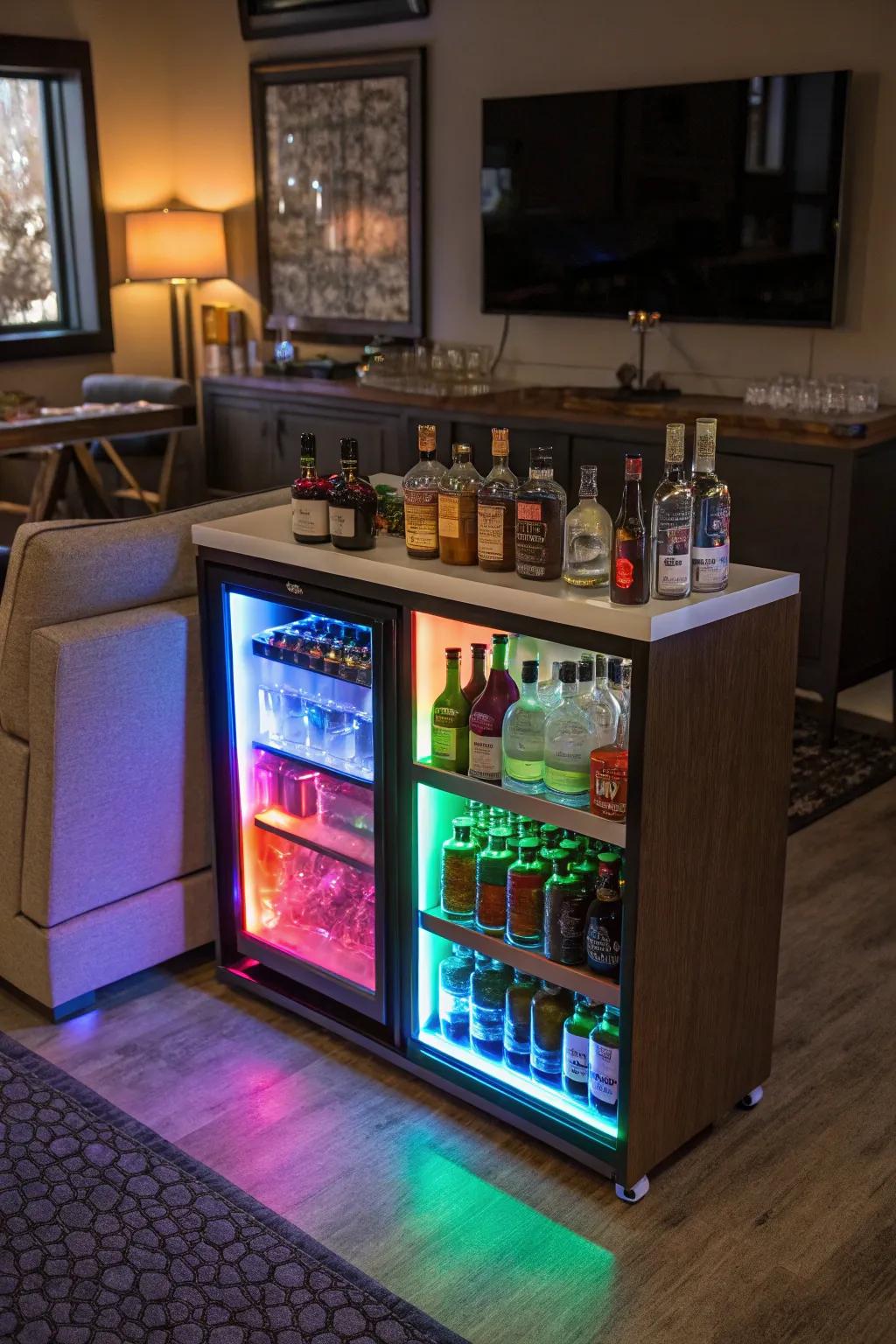 Vibrant LED accents create a lively atmosphere.