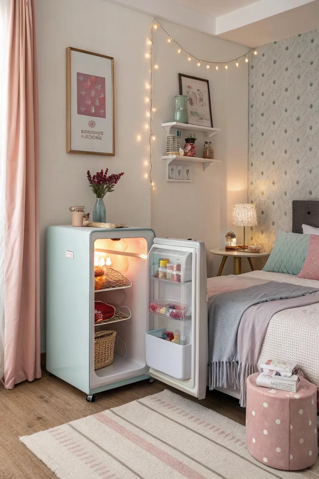 A color-harmonized miniature refrigerator elevating bedroom decor.