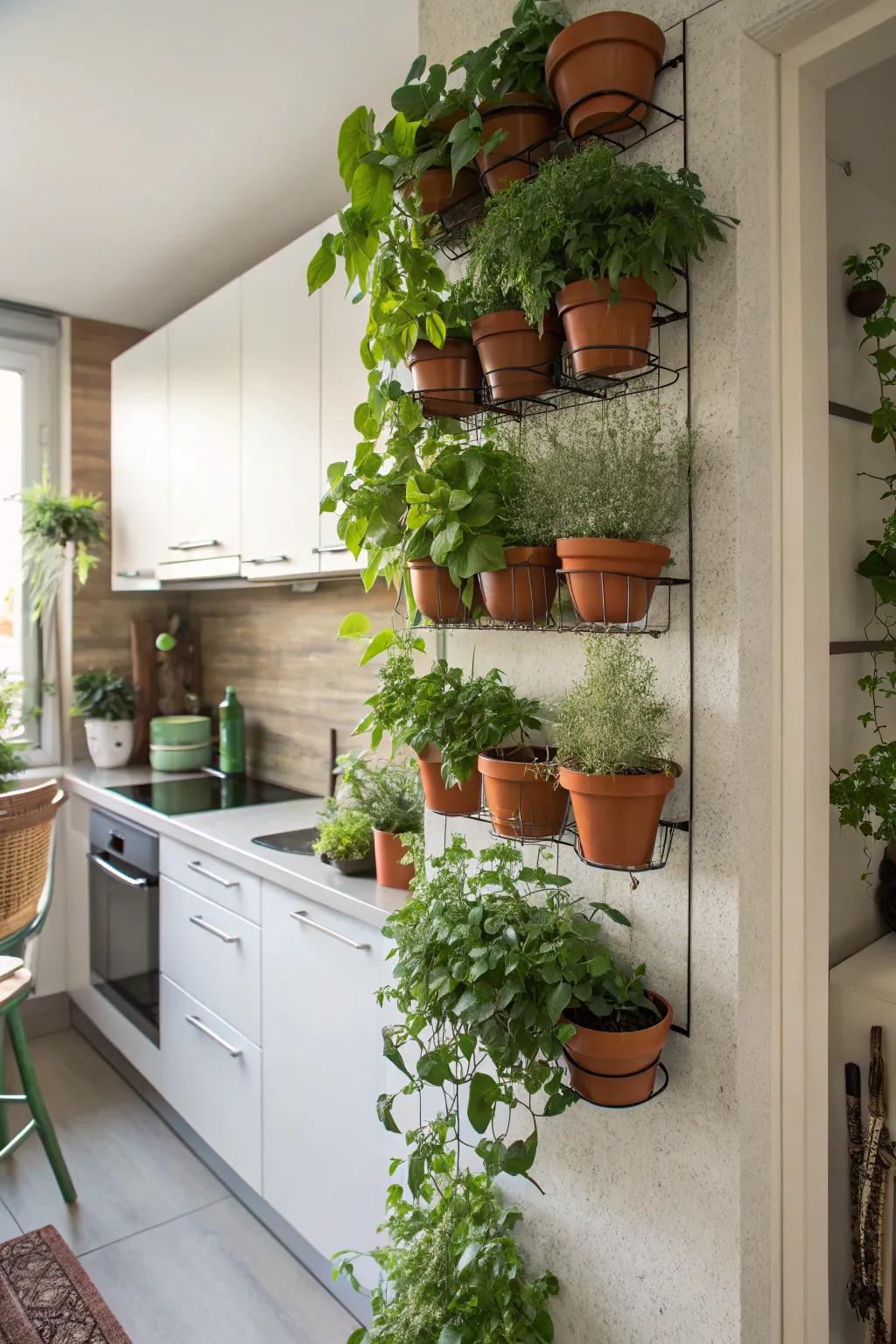 A functional and visually appealing vertical garden displaying culinary herbs.
