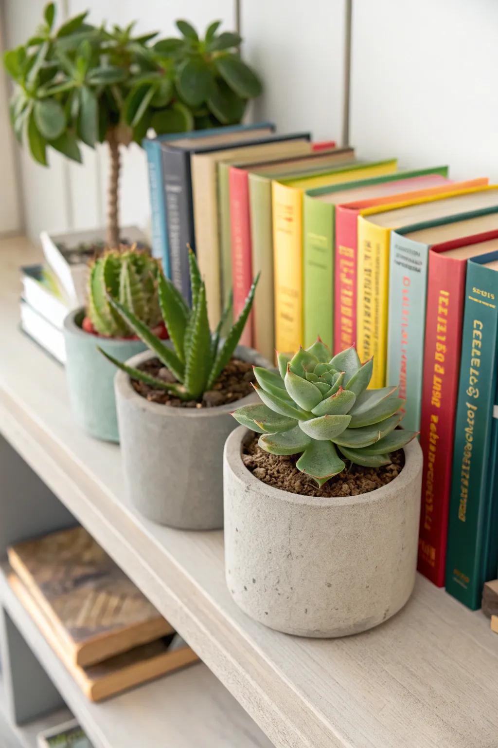 Succulents make stylish and functional bookends.