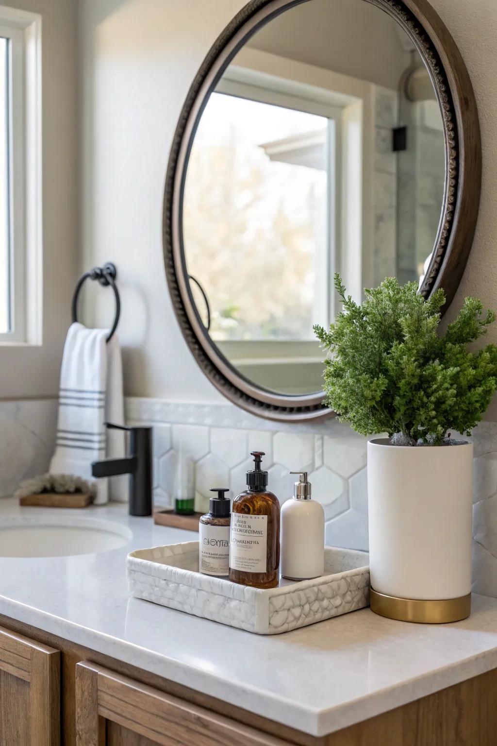 A round mirror serves as a stylish focal point in the bathroom.