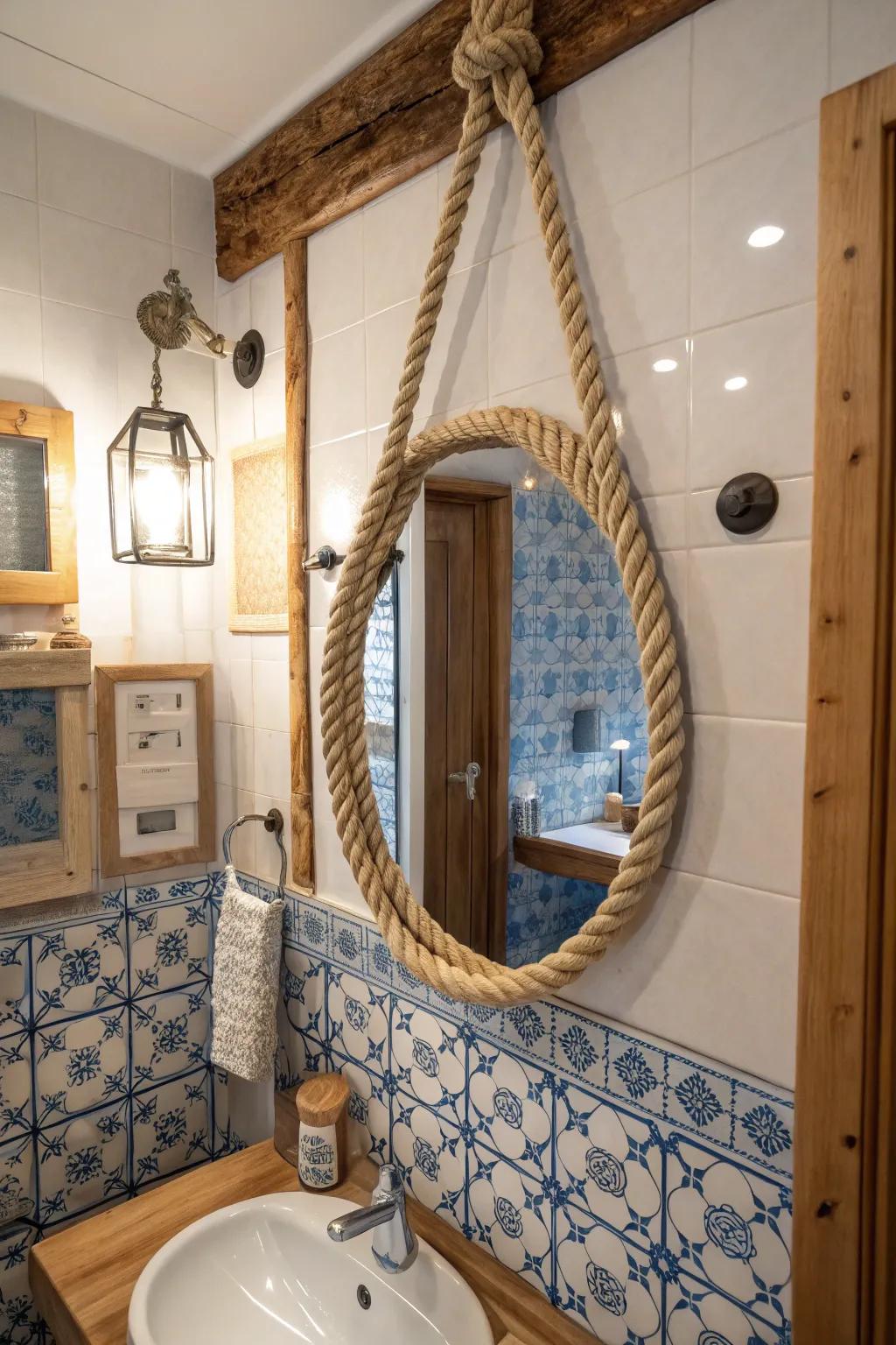 A rope-framed mirror brings a nautical feel to a bathroom.
