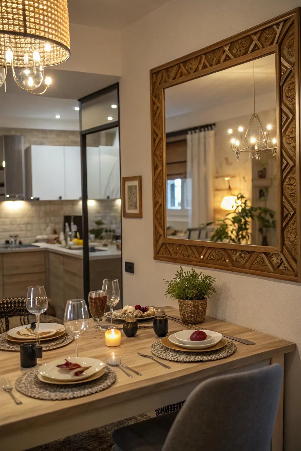 A dining area with a mirror that brightens the space and adds warmth to family meals.