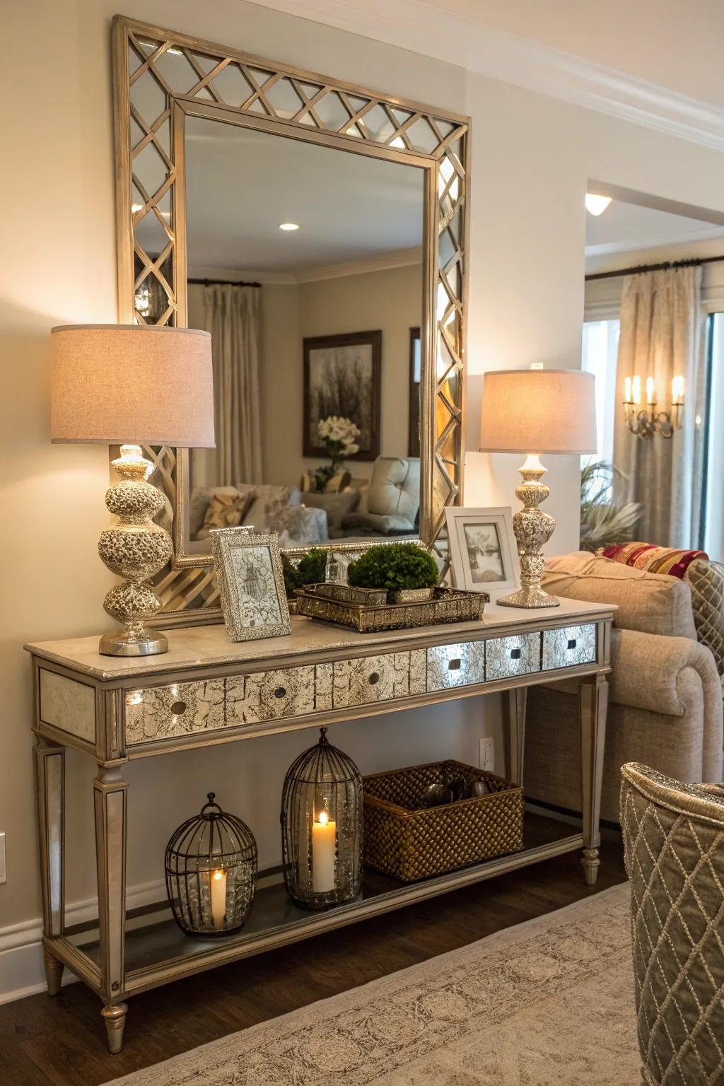Mirrored furnishings introduce a touch of sophistication.