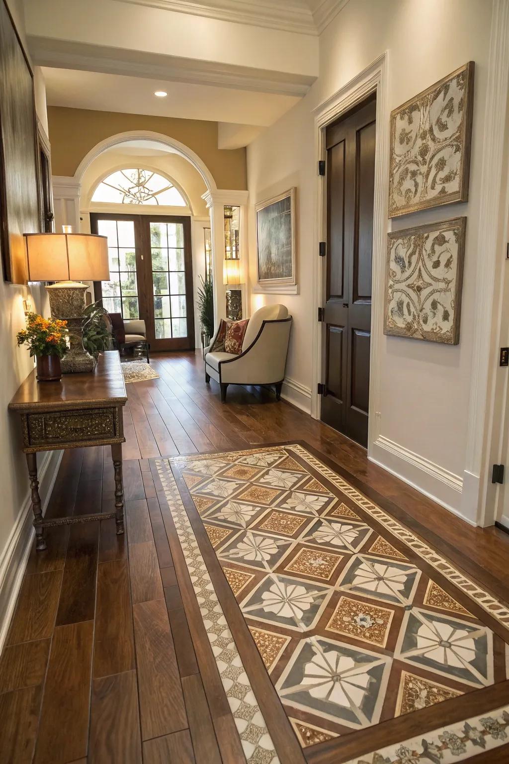 Patterned tiling and solid wood produce an impressive entryway design.