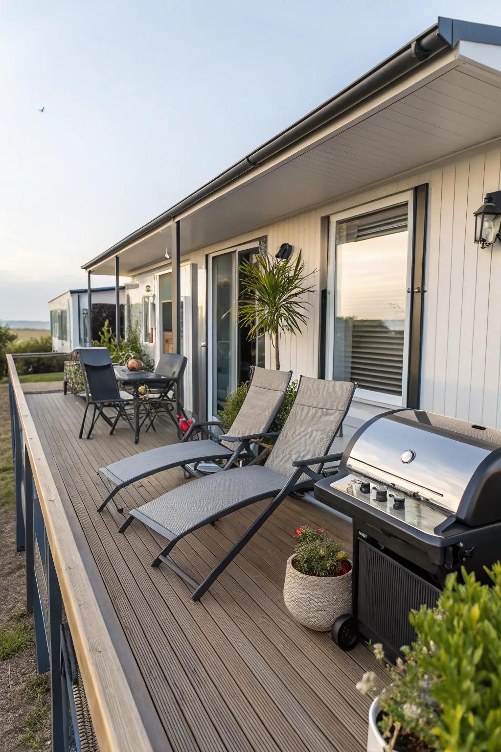 A fashionable patio with outdoor sofas and a cooking grill, great for outdoor entertainment.