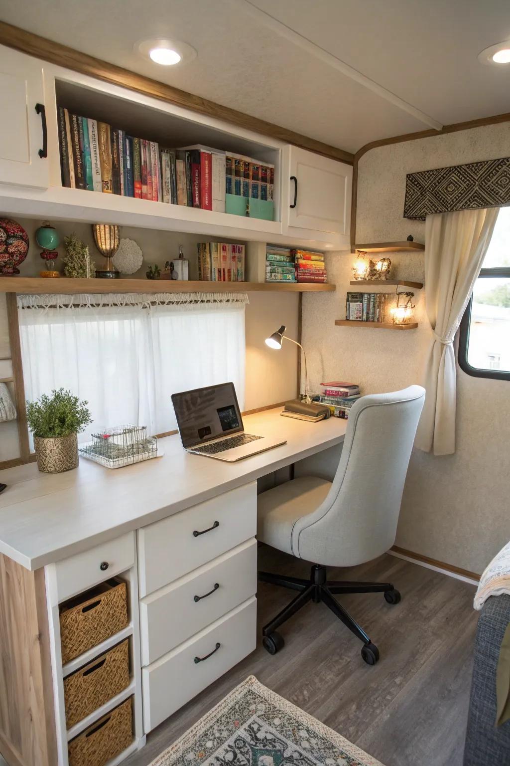 A small but effective home office setup in a mobile home.