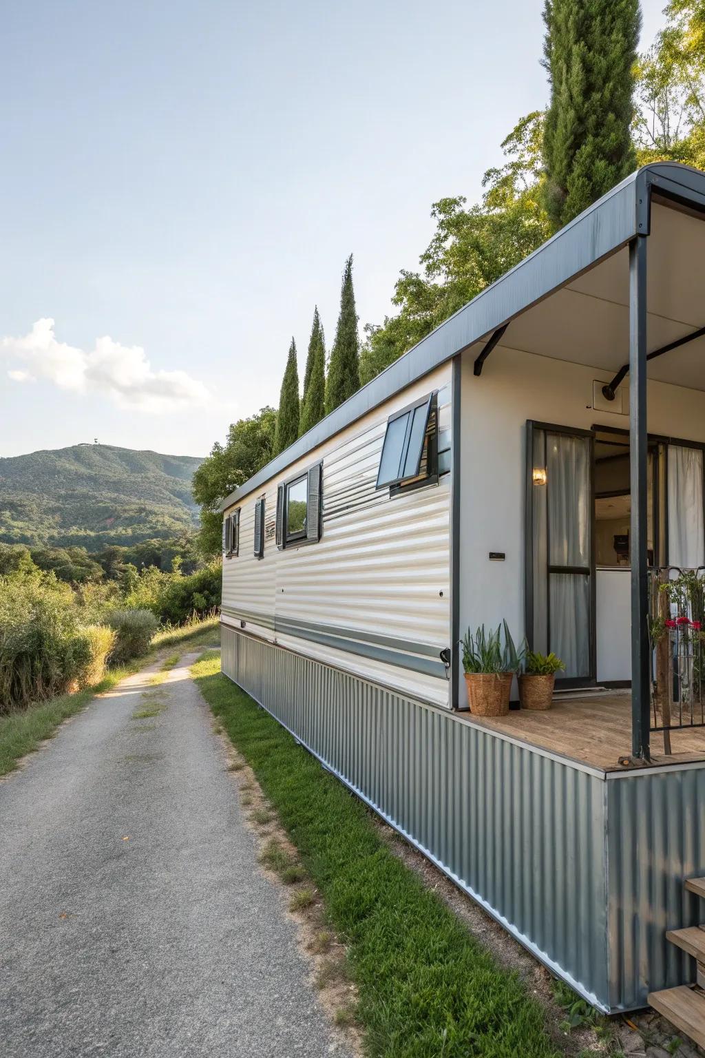 Metal siding provides a mobile home a polished, industrial vibe.