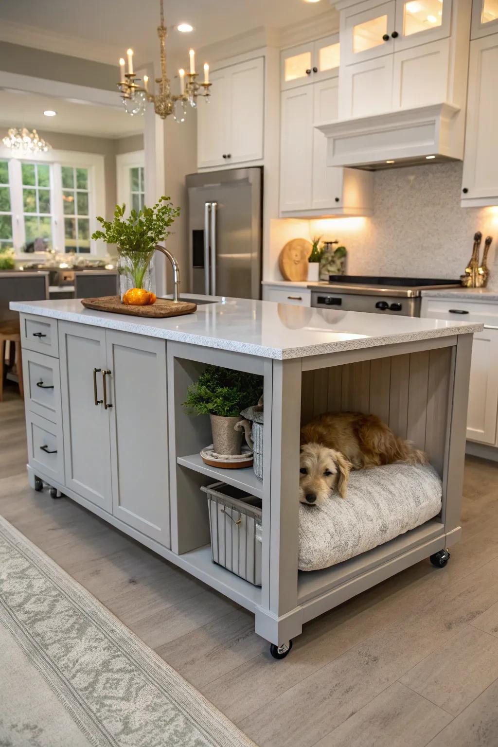An inviting nook designed for your pet found directly within your kitchen island.