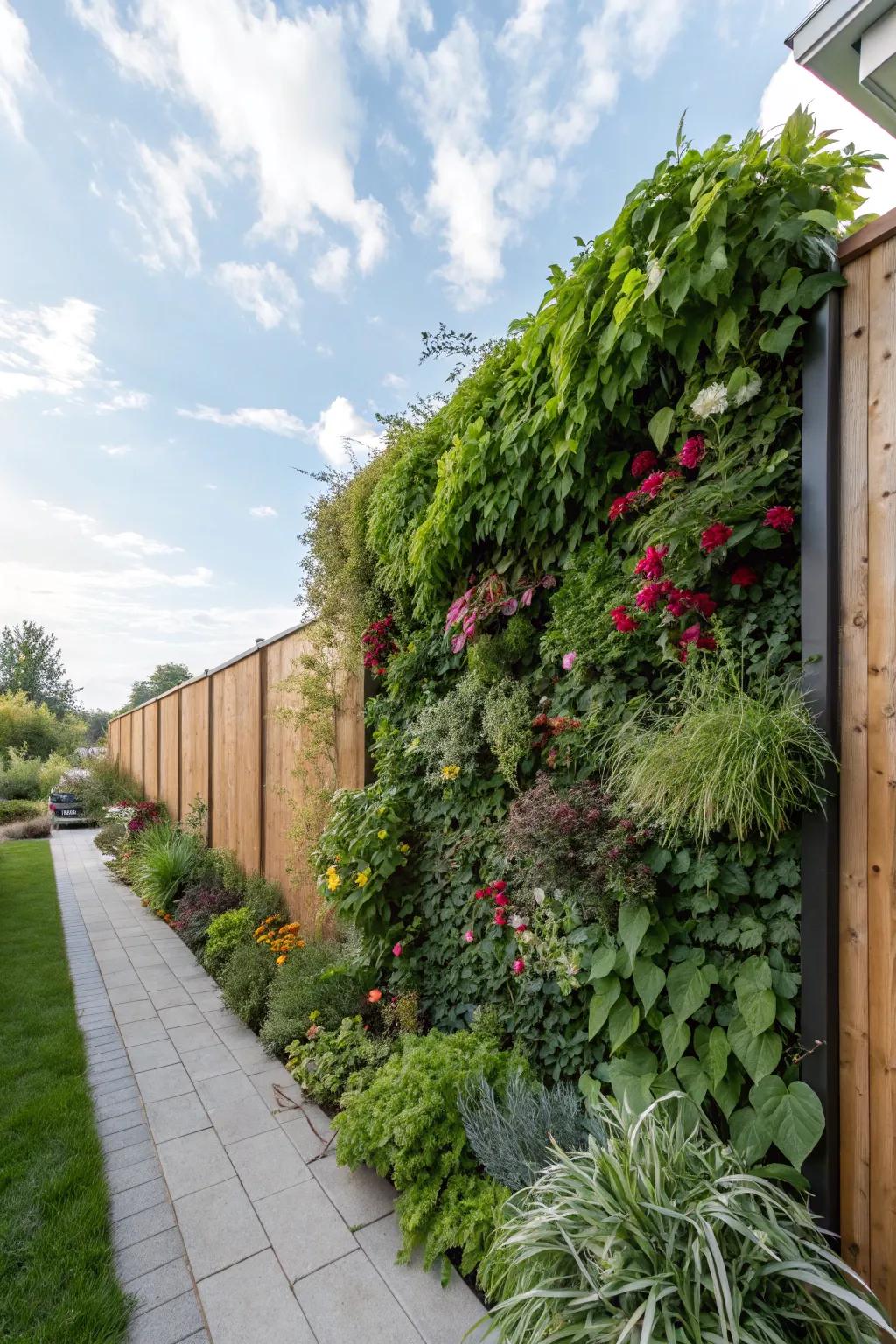 A vibrant vertical garden wall adding greenery to a backyard.