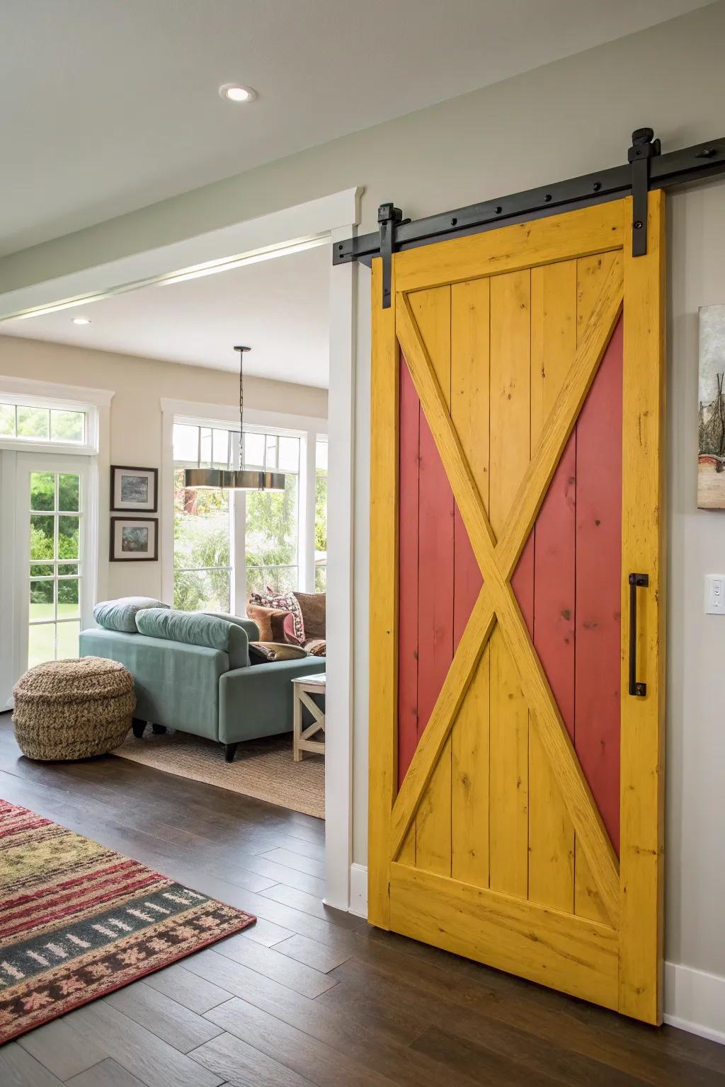 A brightly colored barn door serves as an eye-catching feature.