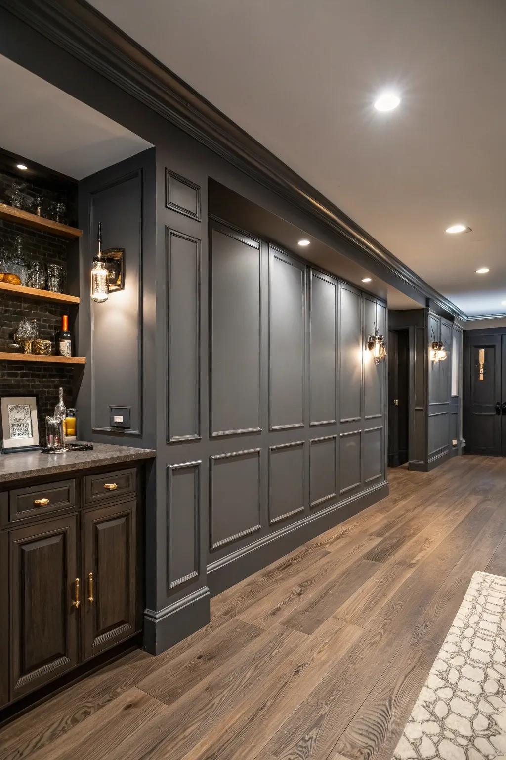 A chic and elegant basement space is created with dimmed soot.