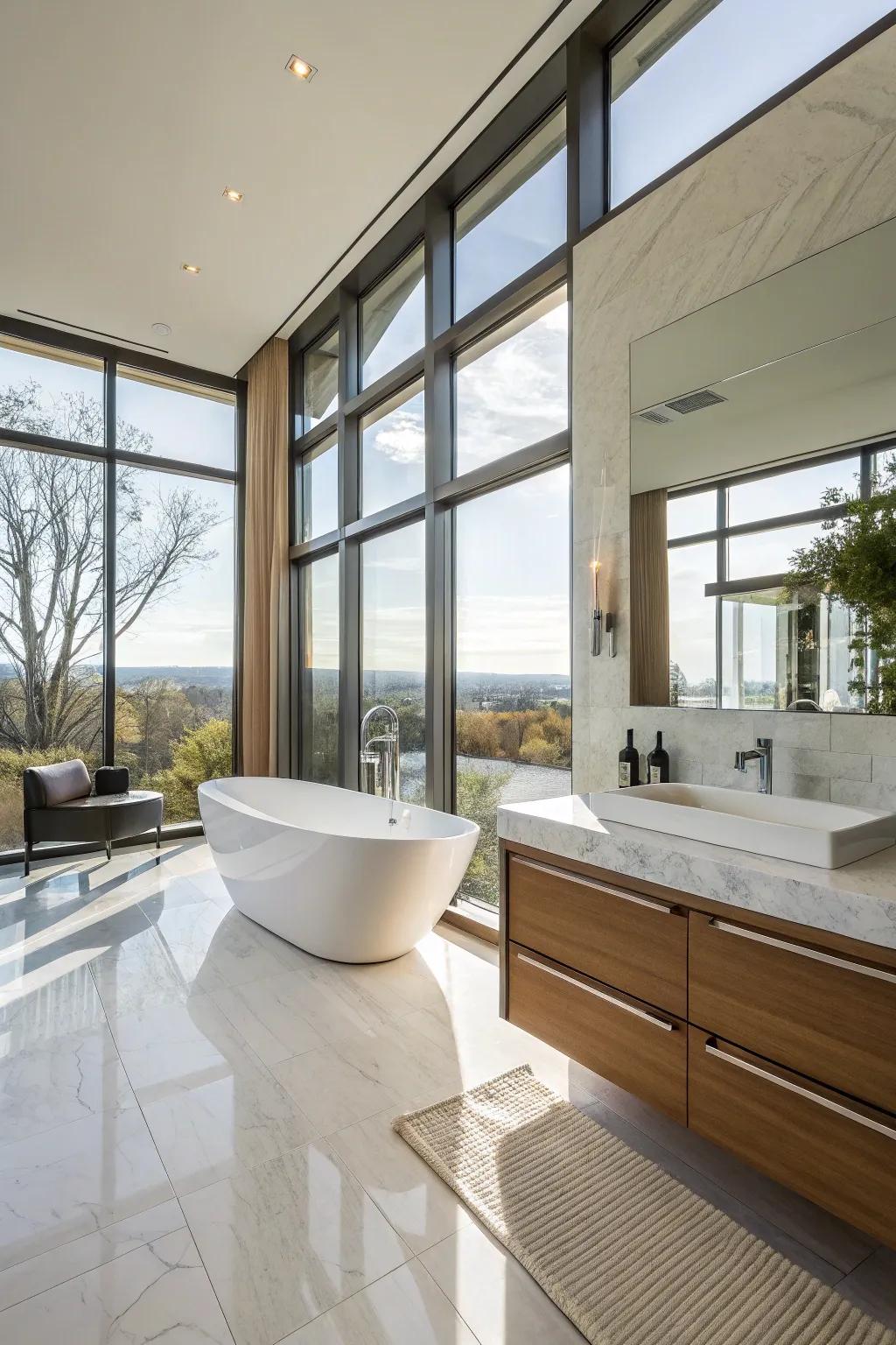 Sunlight streams into the bathroom through large windows.
