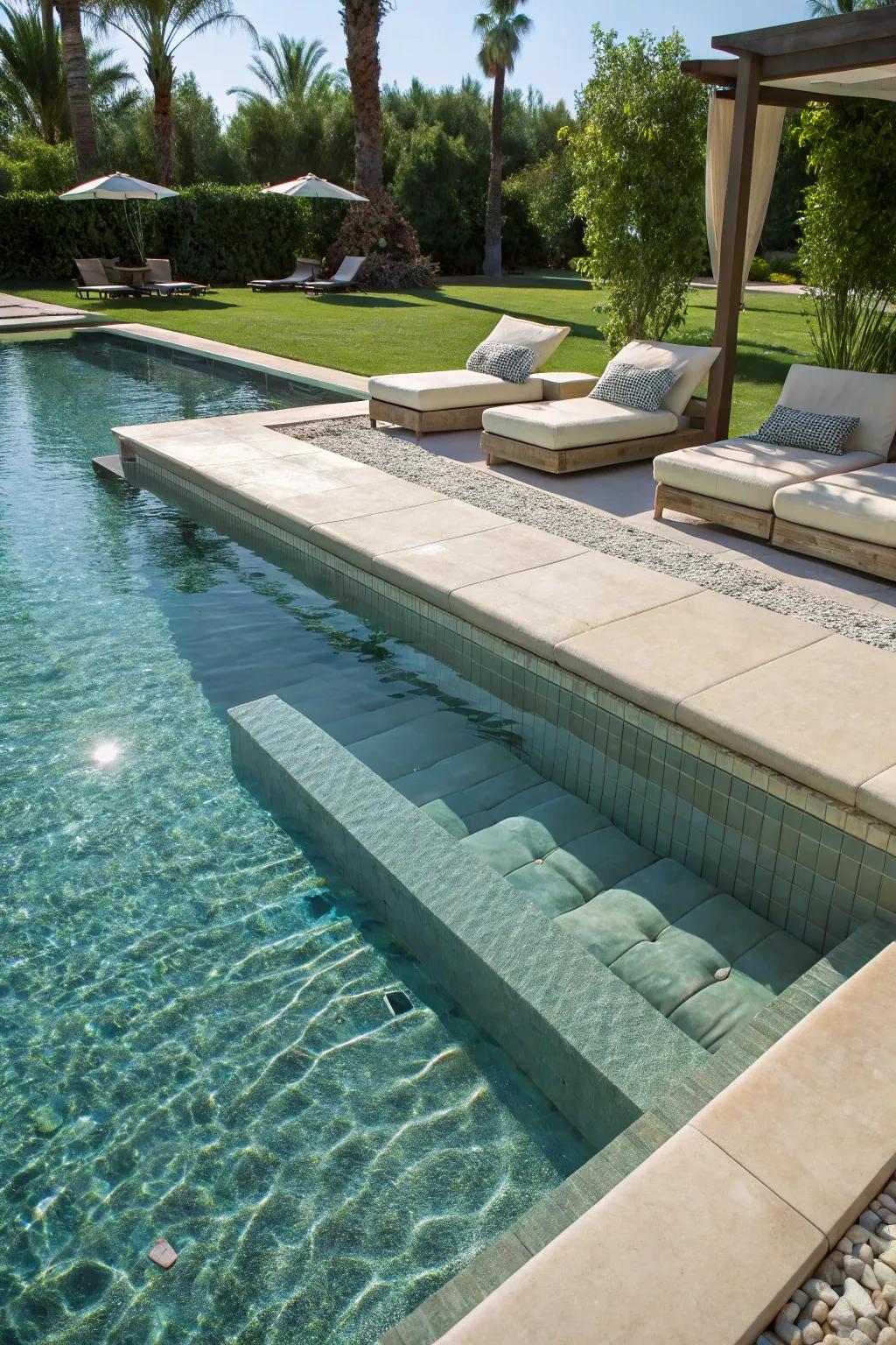 Integrated seating areas offer comfort and style.