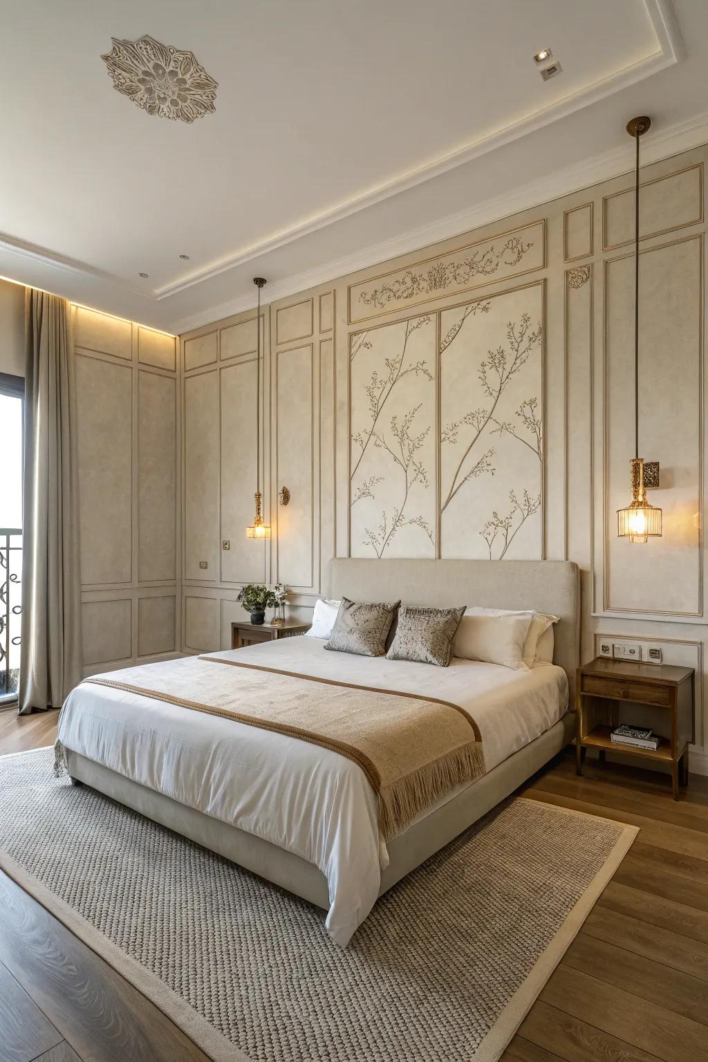 Experience tranquility with a minimalist bed wall design.