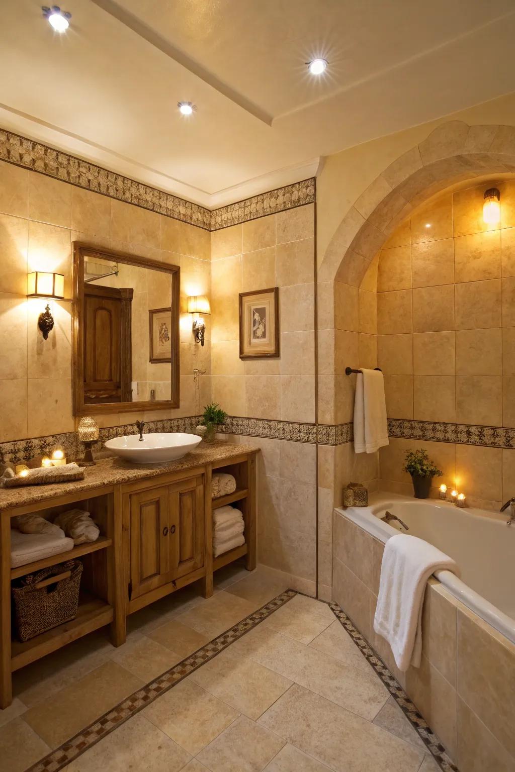 Warm lighting emphasizes the tone of a beige bathroom.