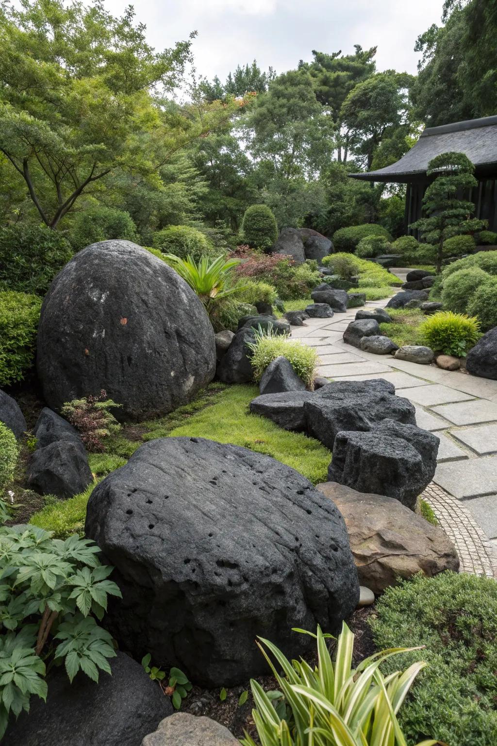 Ornamental stones acting as central features in a dark stone setting.