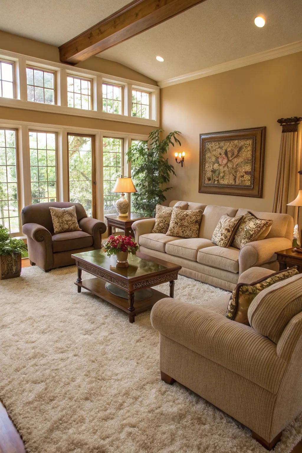 Inviting living room showcasing a plush carpet, enhancing the comfort of a spacious seating area.