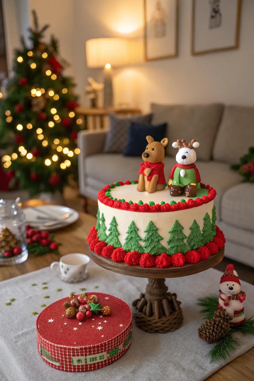 Christmas cake featuring playful festive figurines