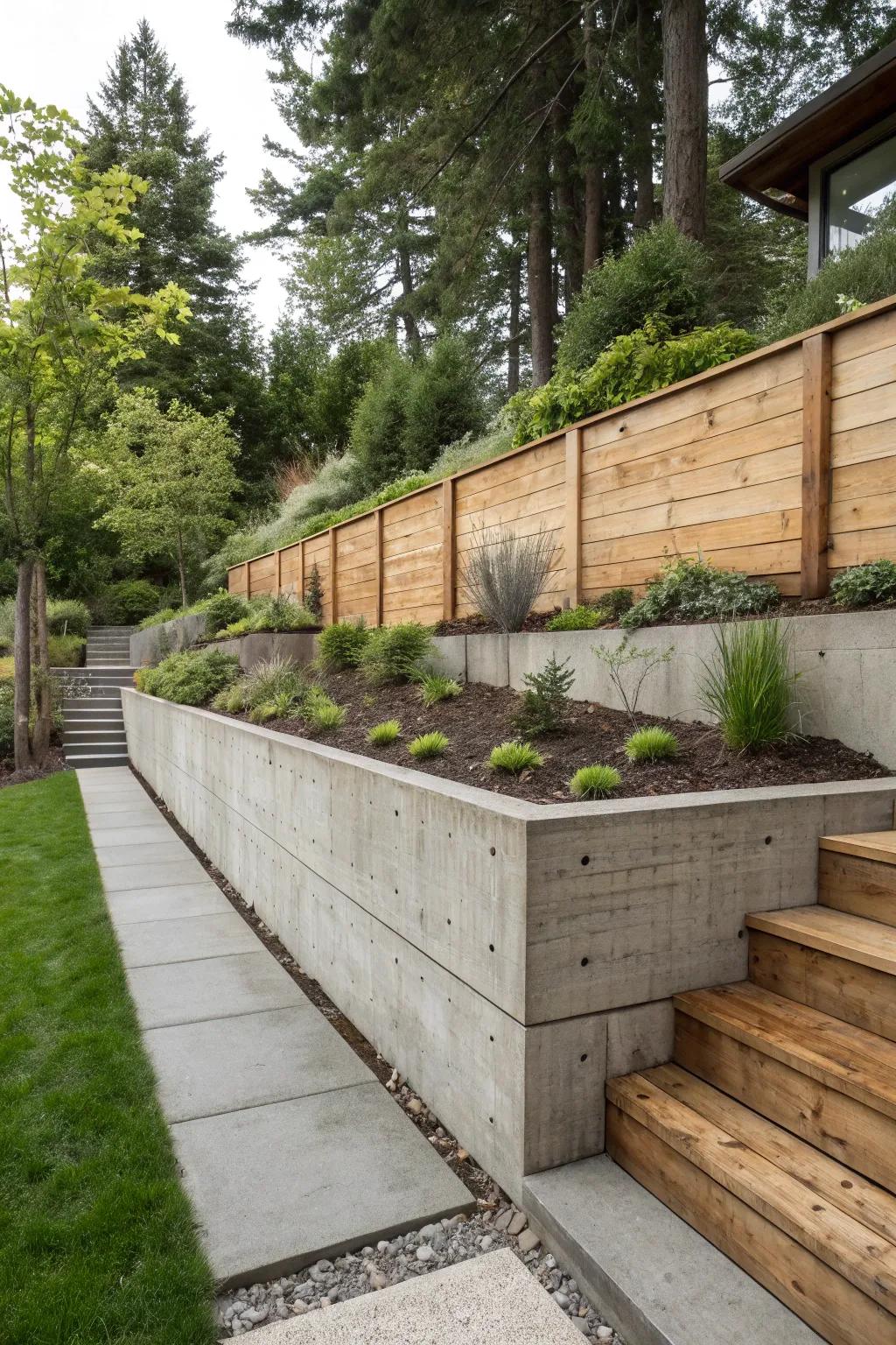 Concrete and wood blend for a striking retaining wall design.