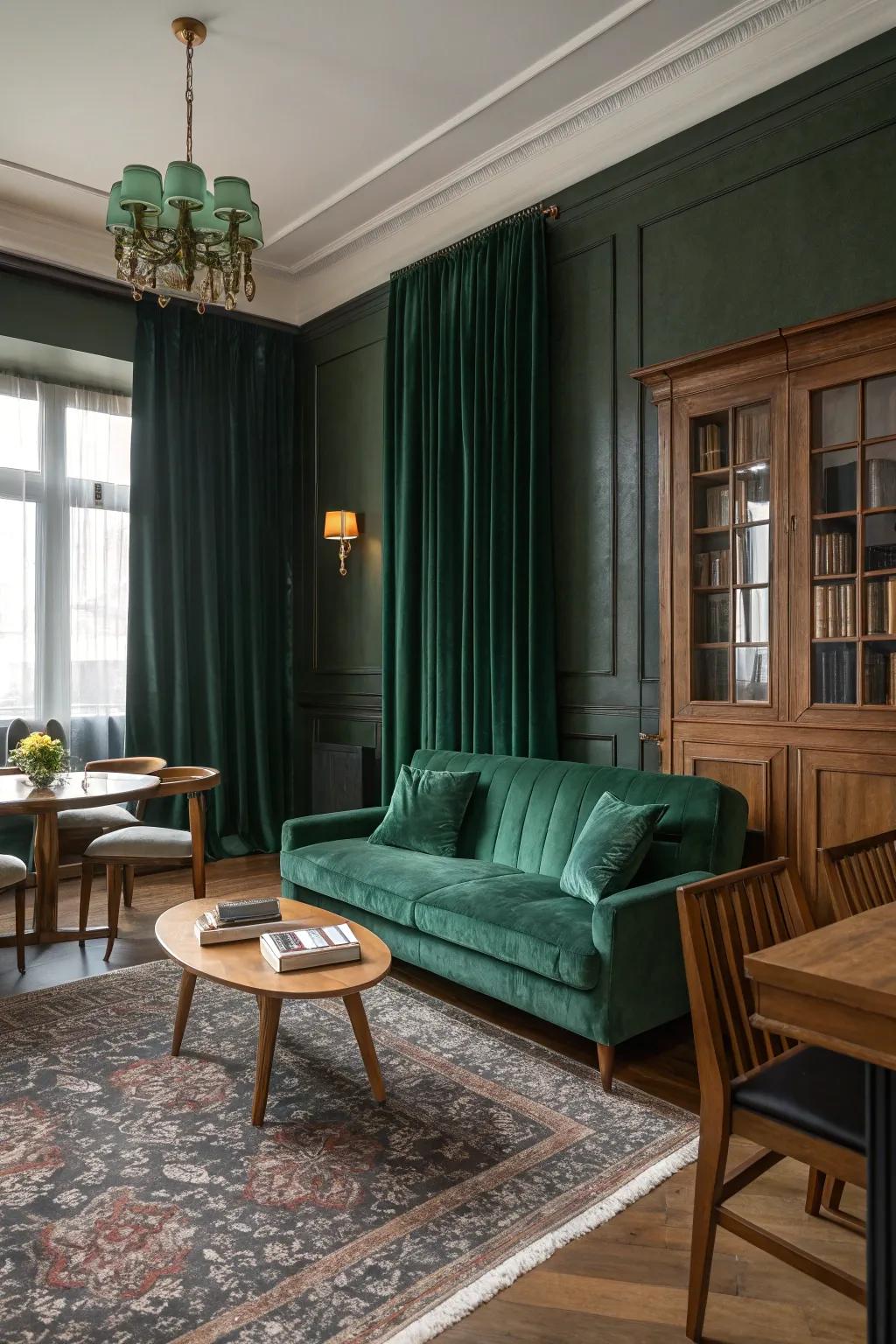 Wooden features complement dark green beautifully for a well-rounded look.