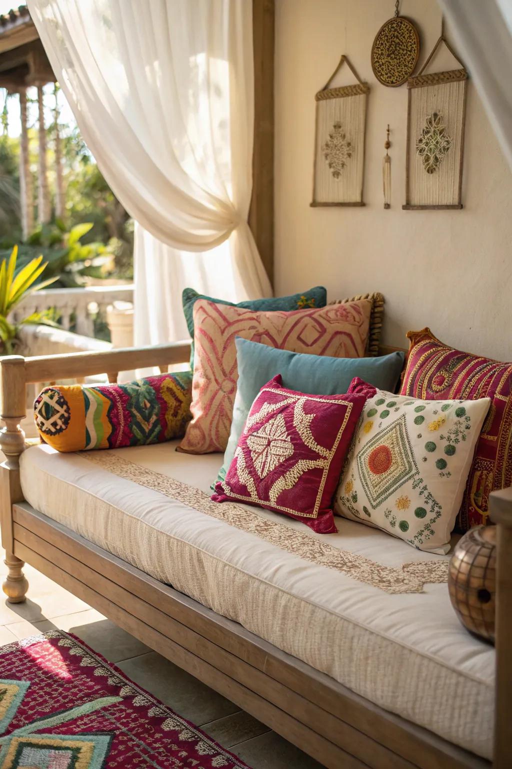 An assortment of ornamental cushions enriches a daybed's charm and comfort.