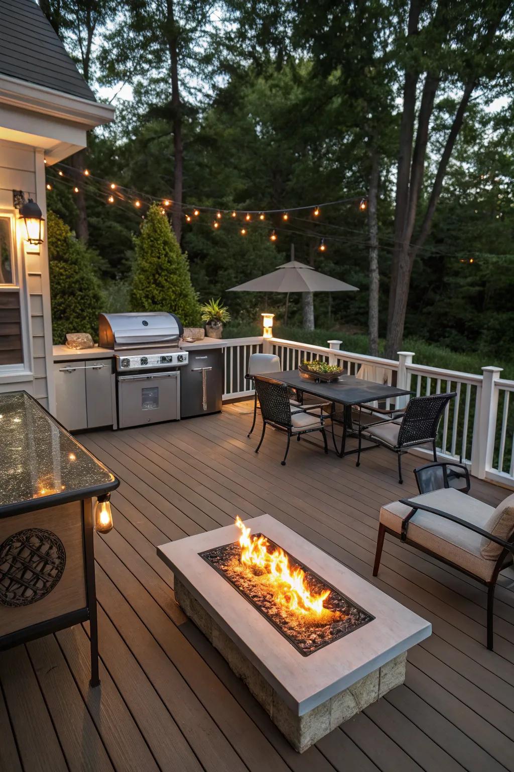 A deck designed for entertainment with a fire pit and outdoor kitchen.