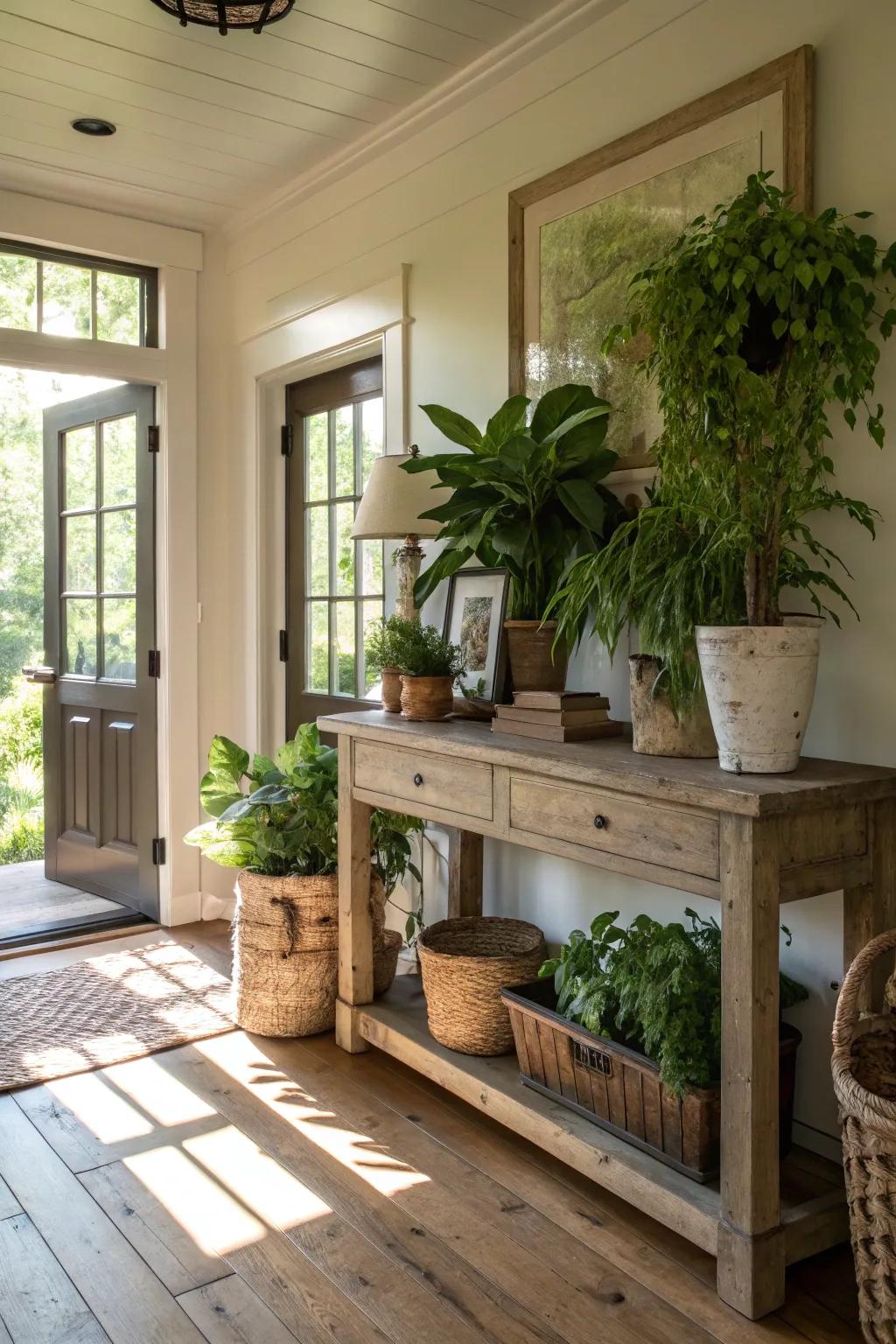 Foliage breathes life into this farmhouse entryway.