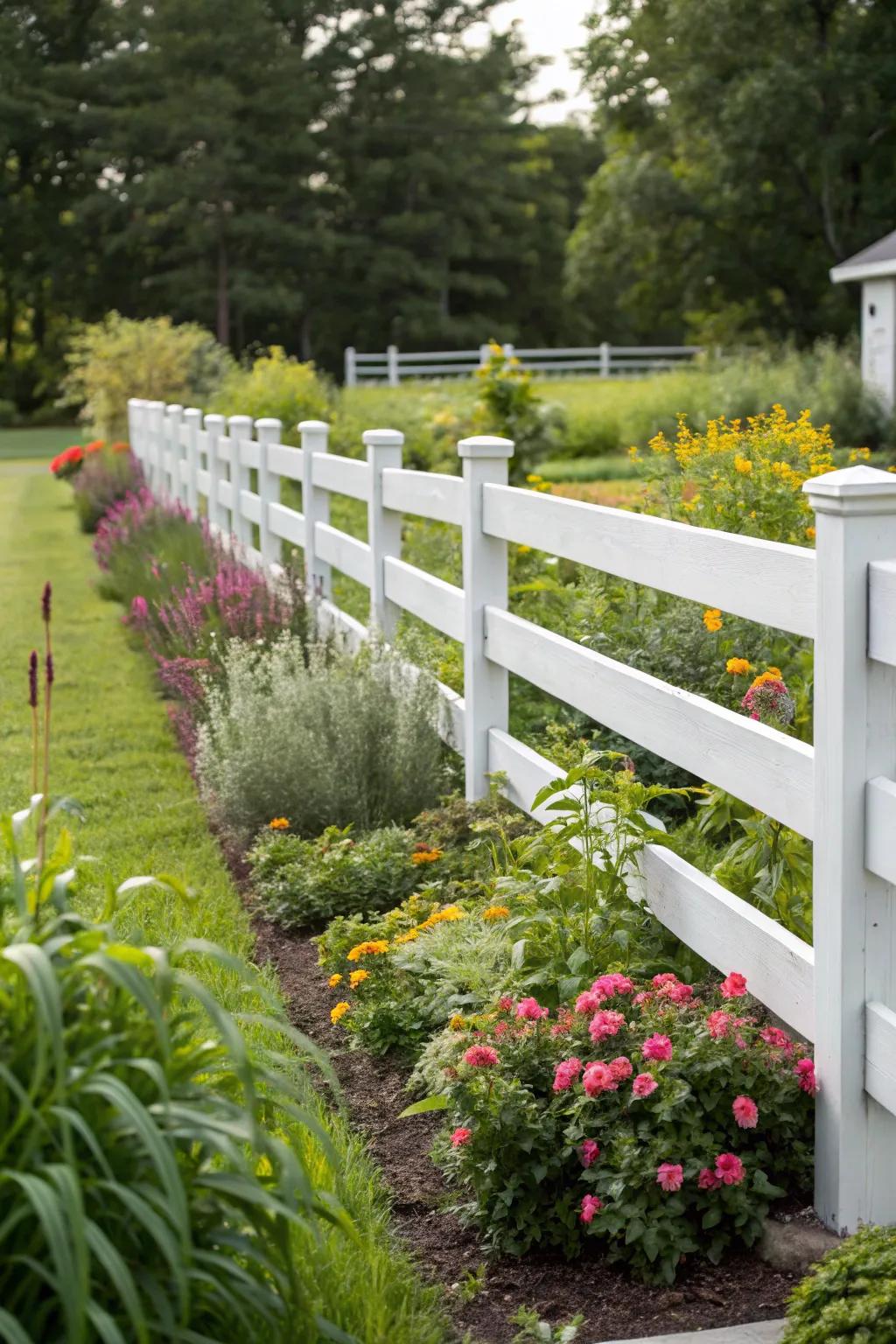 A minimalist fence featuring crisp lines provides a subtle backdrop for abundant garden vegetation.