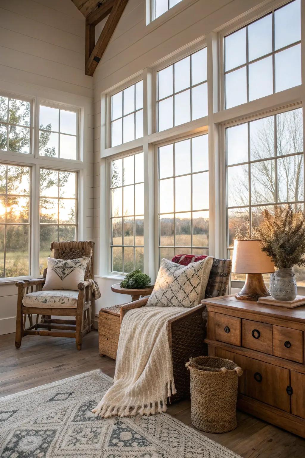Sunlight streams into this modern farmhouse space, producing an inviting setting.