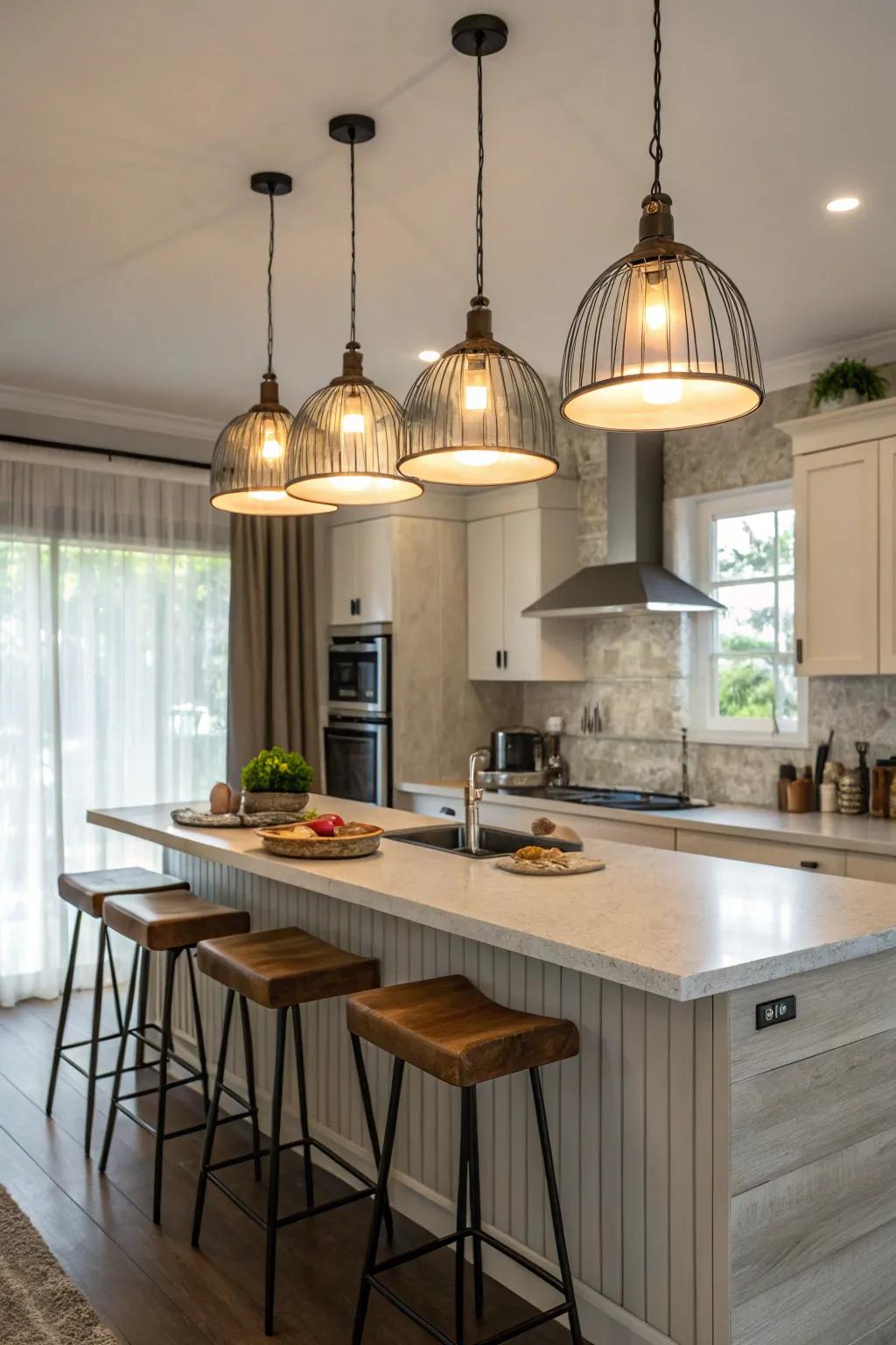 Neutral lights set a serene kitchen mood.