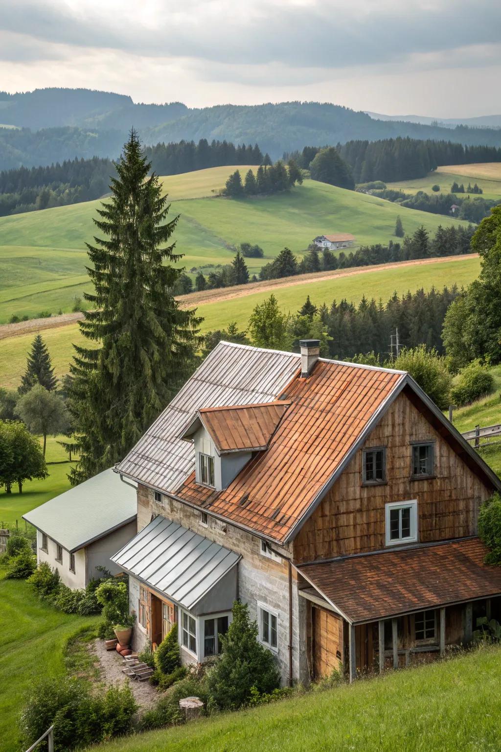 Textural harmony: A farmhouse showcasing a blend of composite and metal roofing.