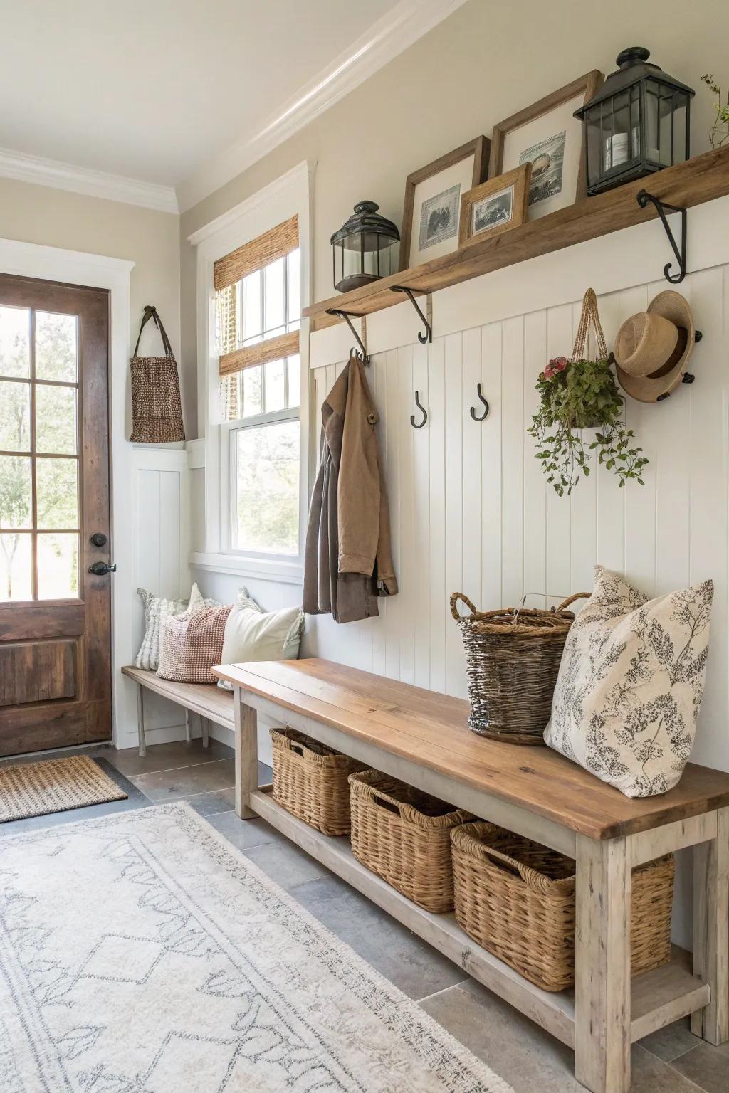 Bright and inviting mudroom with neutral tones.