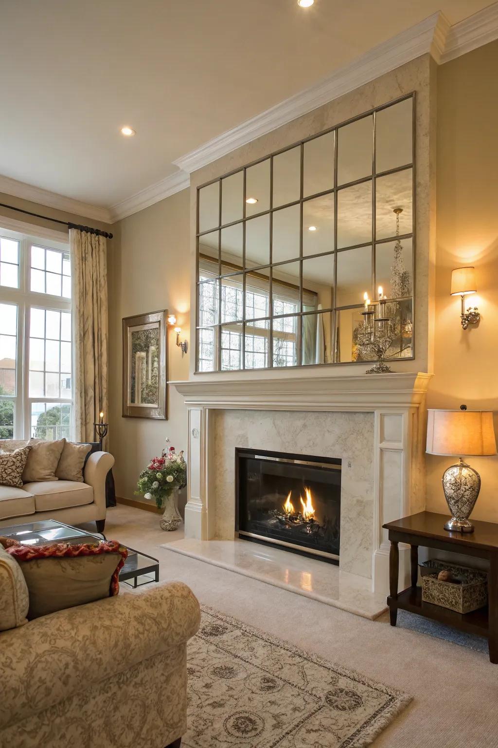 Mirrors amplify light and depth surrounding your fireplace.
