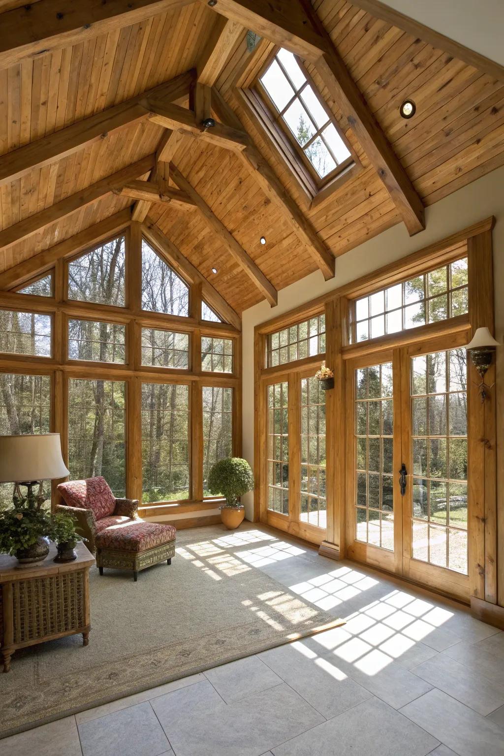 Vaulted ceilings paired with exposed beams enhance this sunroom&rsquo;s character.