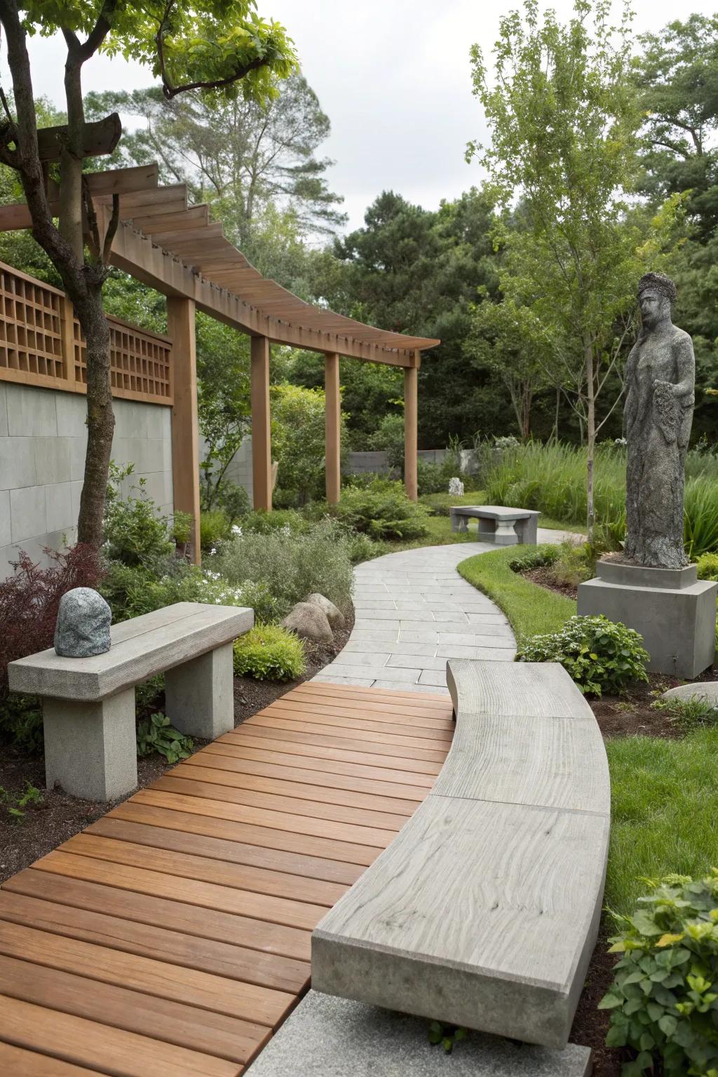 Blended materials contribute assortment and texture to a modern garden.