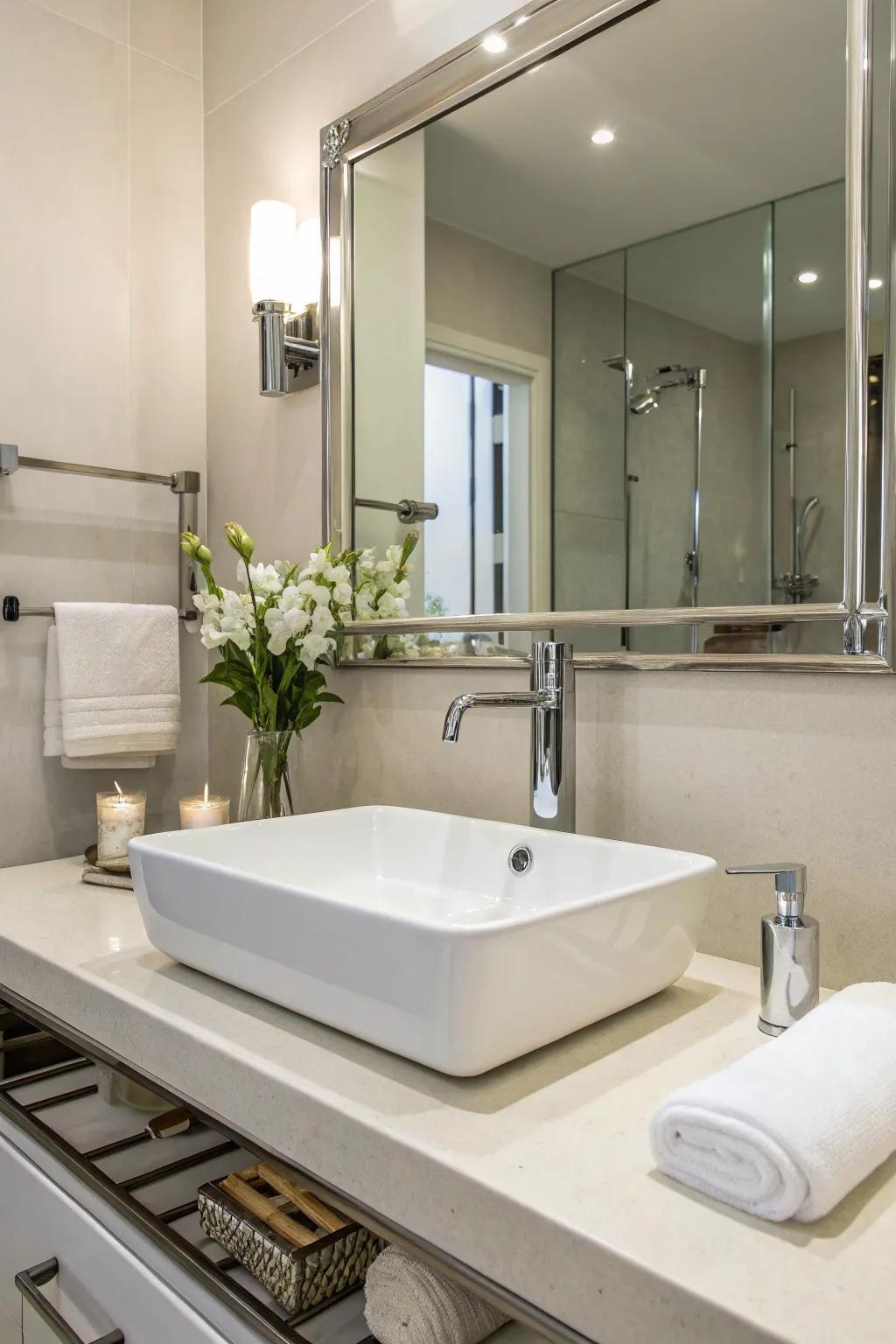 Sleek fixtures contribute a modern element to any gray and white bathroom.