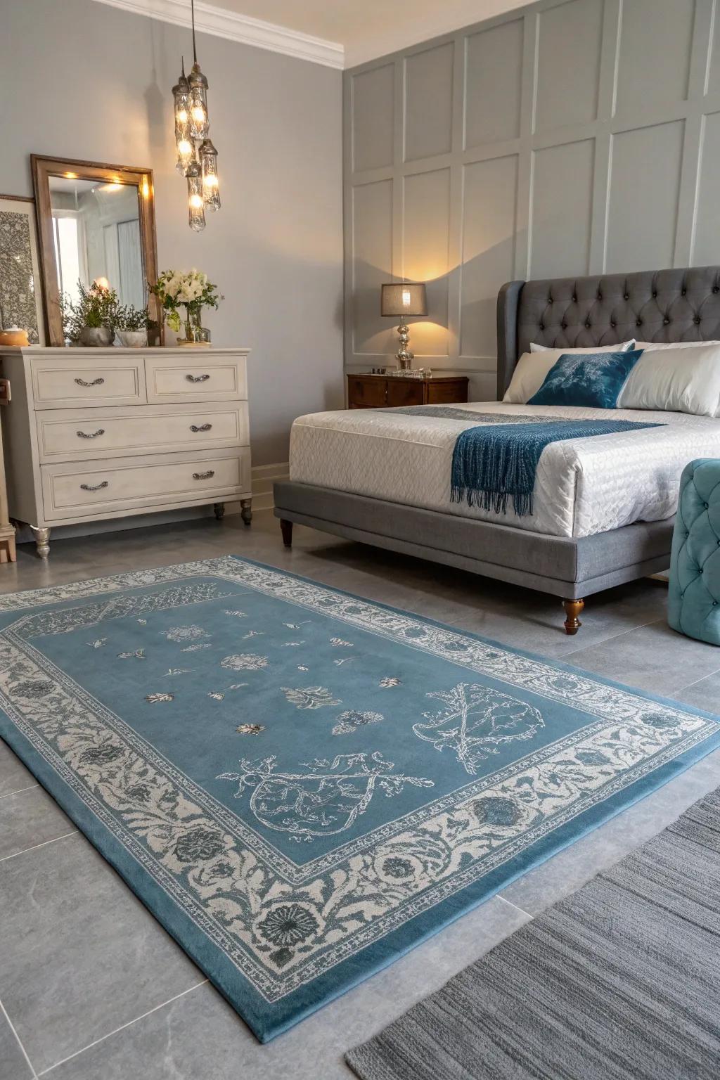 A blue rug on grey floors introduces warmth and sophistication to your bedroom.