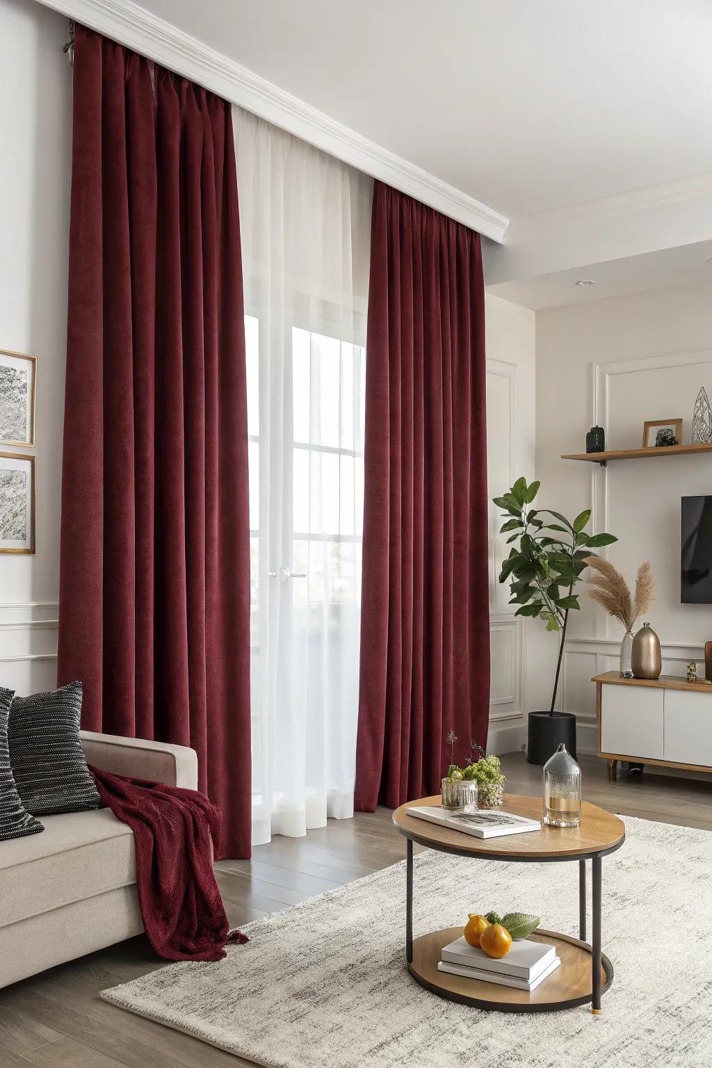 Living room with burgundy curtains and modern minimalist decor.