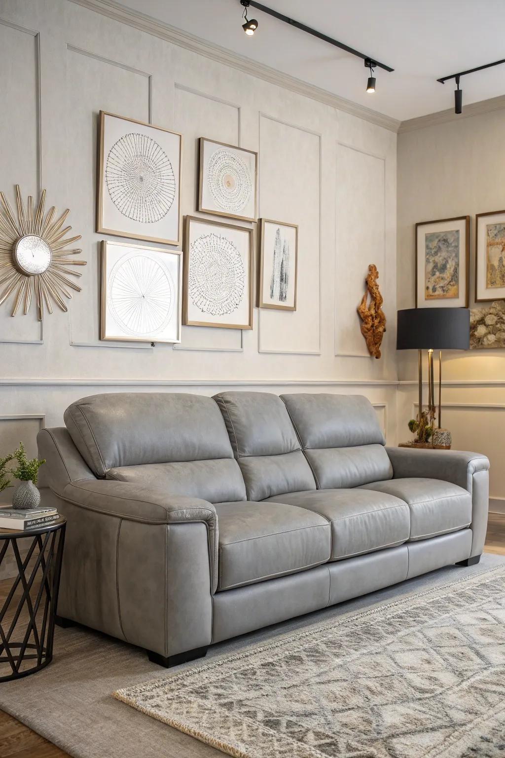 Contemporary wall d&eacute;cor enhancing the appeal of a charcoal hide couch.