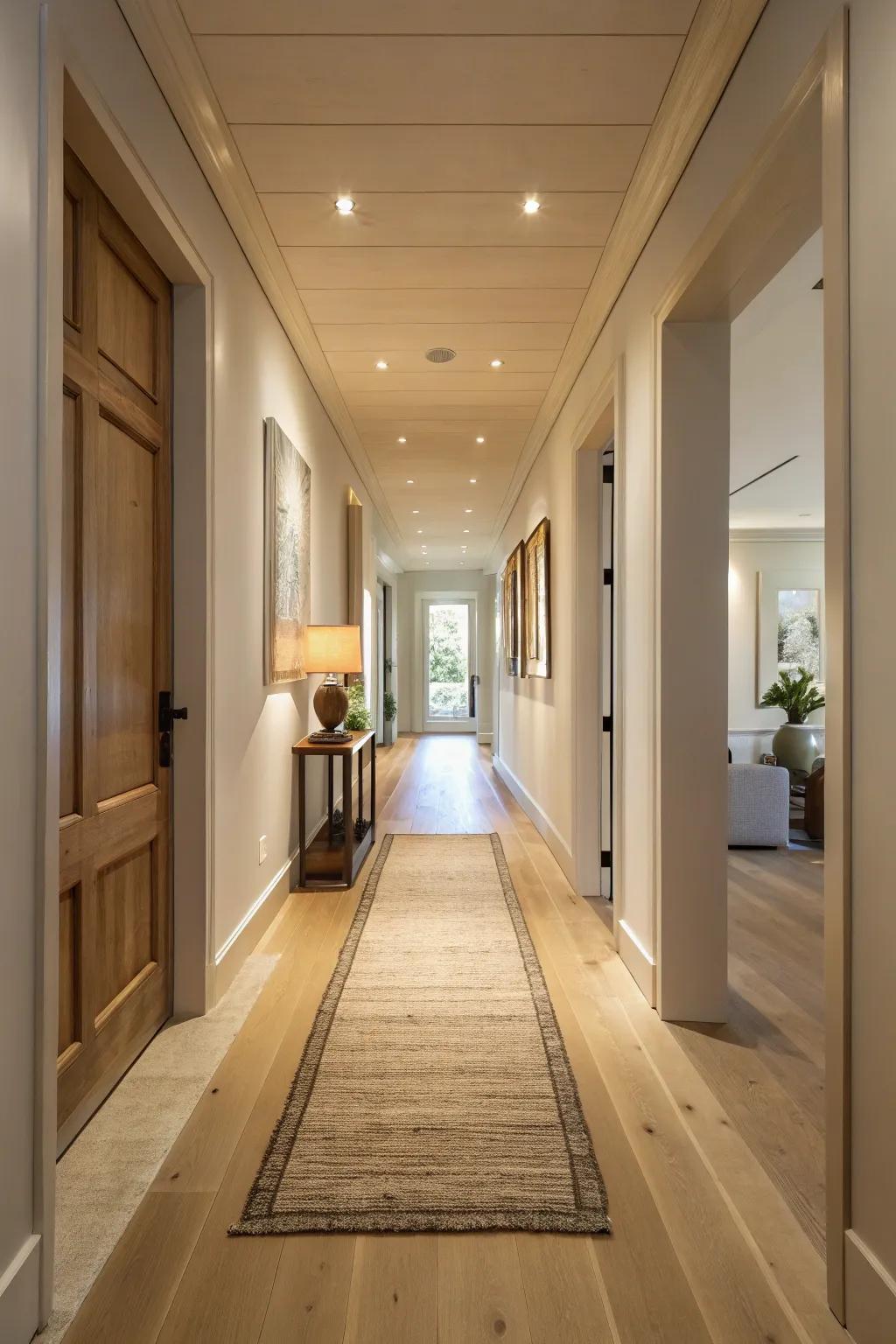 Coordinated flooring enhances the hallway's design cohesiveness.