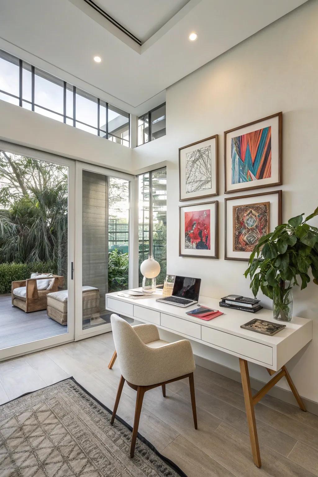 Modern art giving a personal flair to a home office.