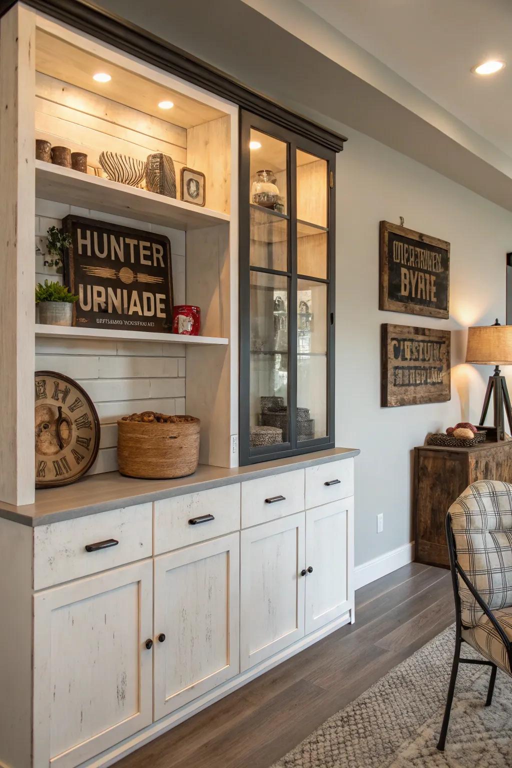 Vintage accents bring personality and warmth to the modern display cabinet.