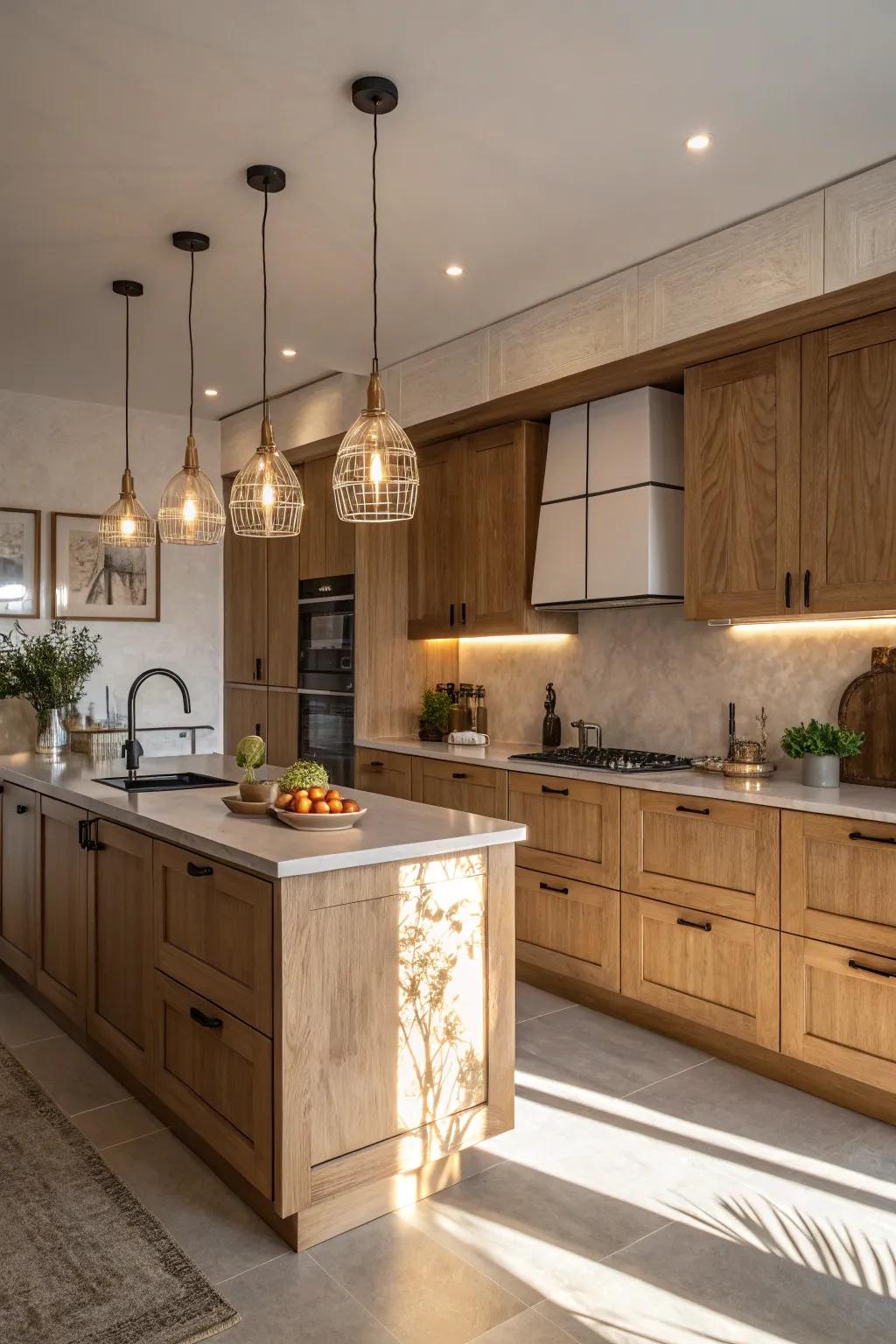Modern lighting highlights the warmth and sophistication of kitchens featuring oak cabinets.