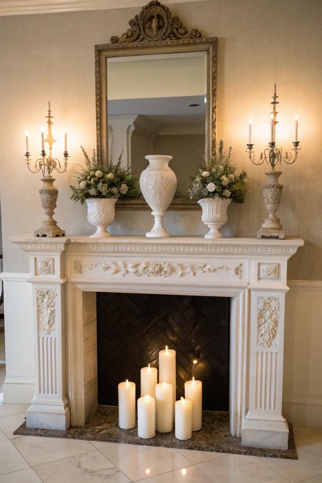 Symmetry on a mantel creating a sense of balance and harmony.