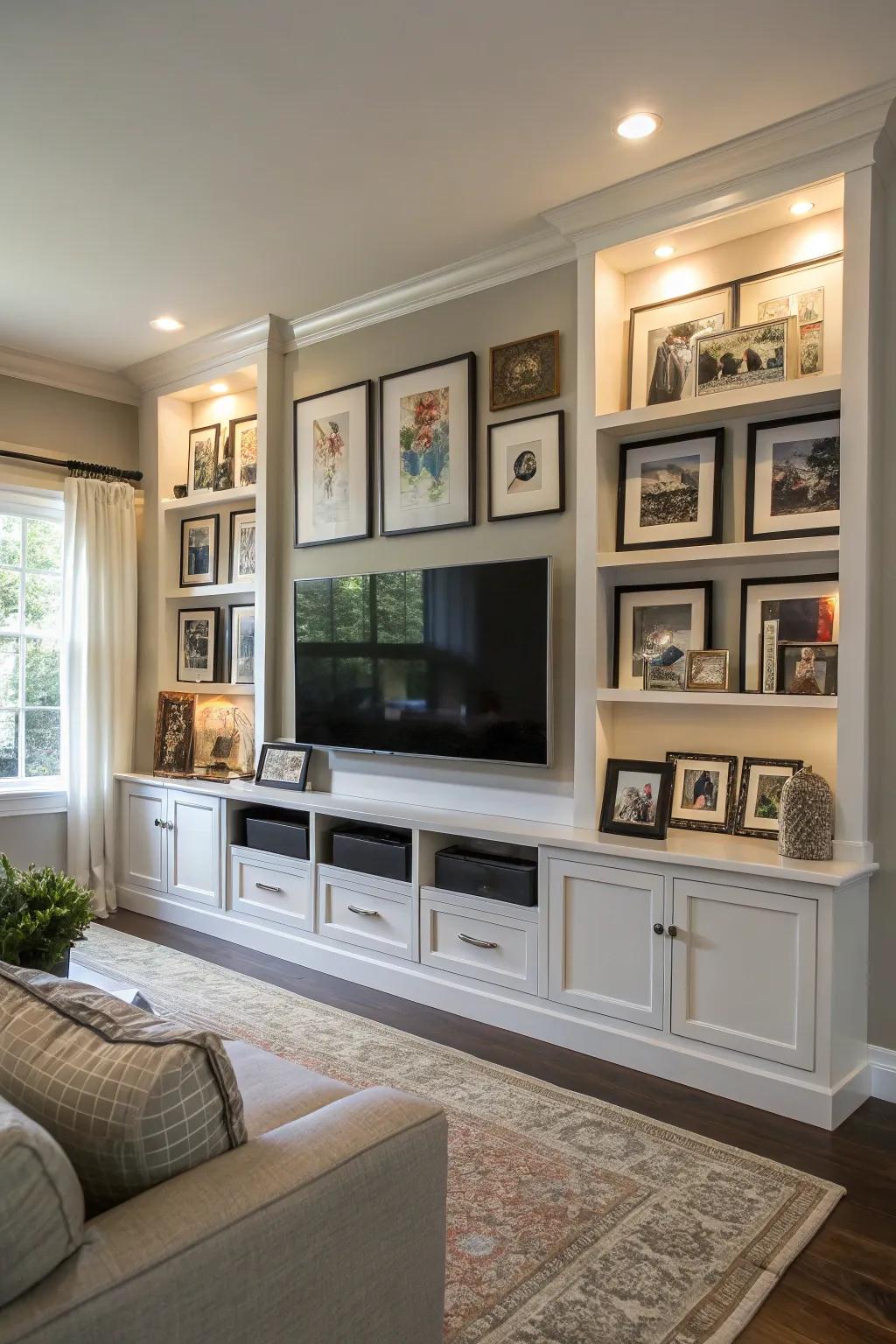 A gallery wall creating a personalized and seamless media wall design.
