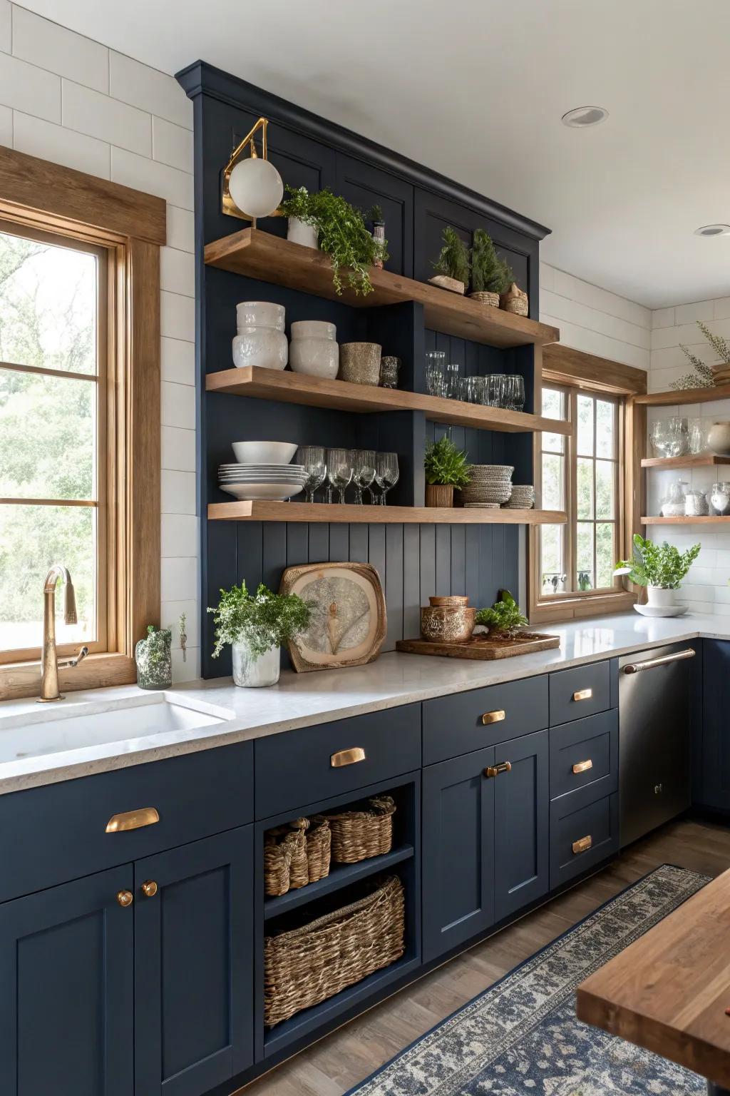Open shelving introduces character and an airy feeling to deep sea-inspired kitchens.