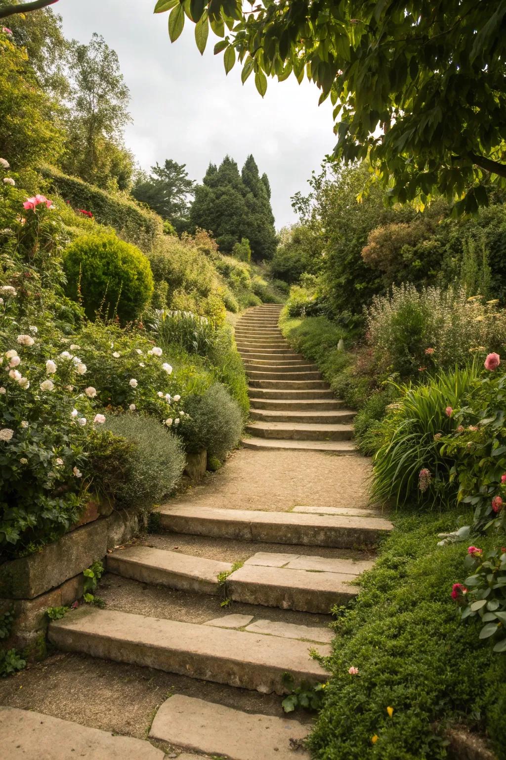 A garden path planned with varied heights, enhancing dimension and interest.