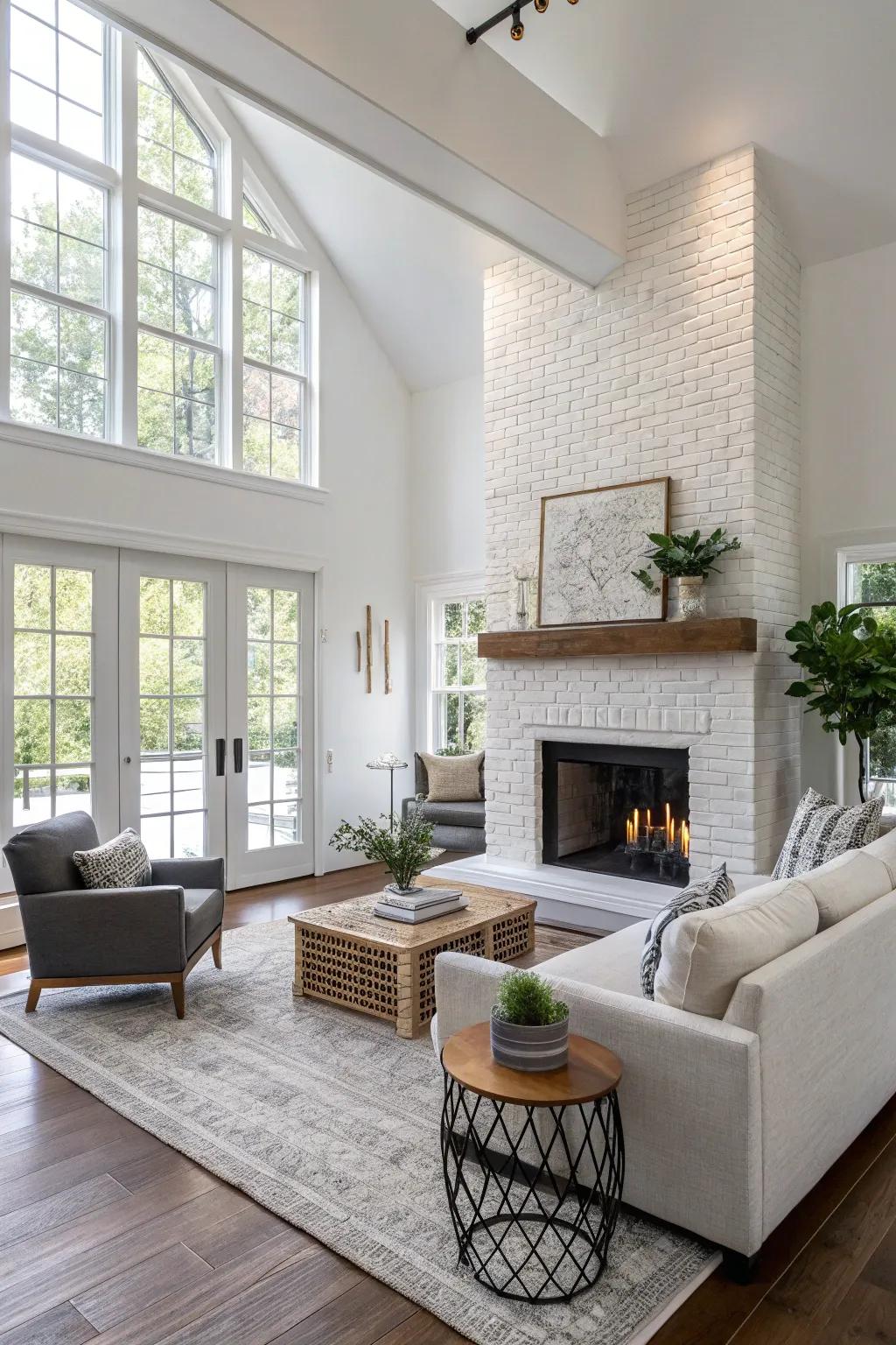 Dual-tone painted brick fireplace introducing depth and interest.