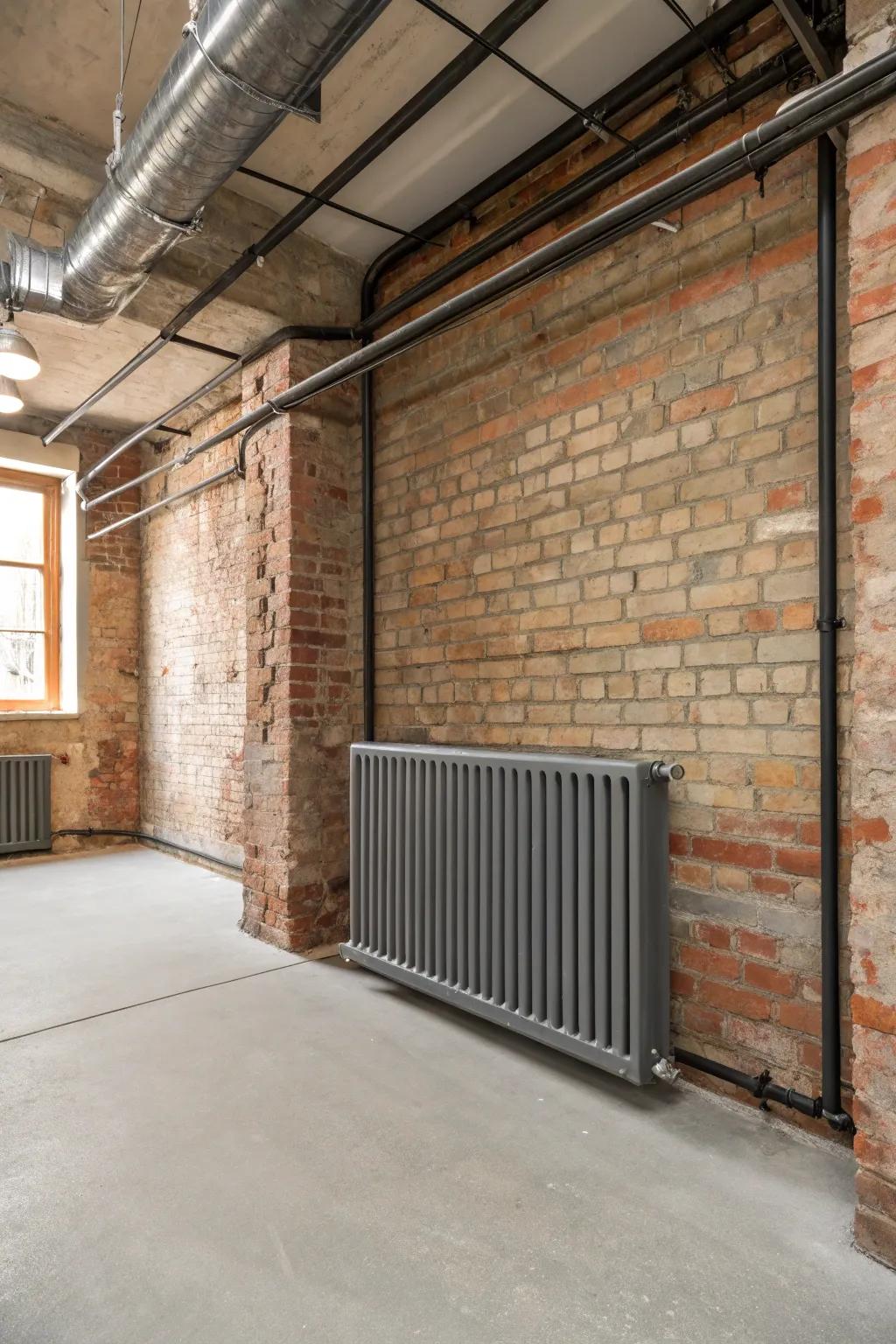 An industrial-inspired area featuring a metal radiator shield.
